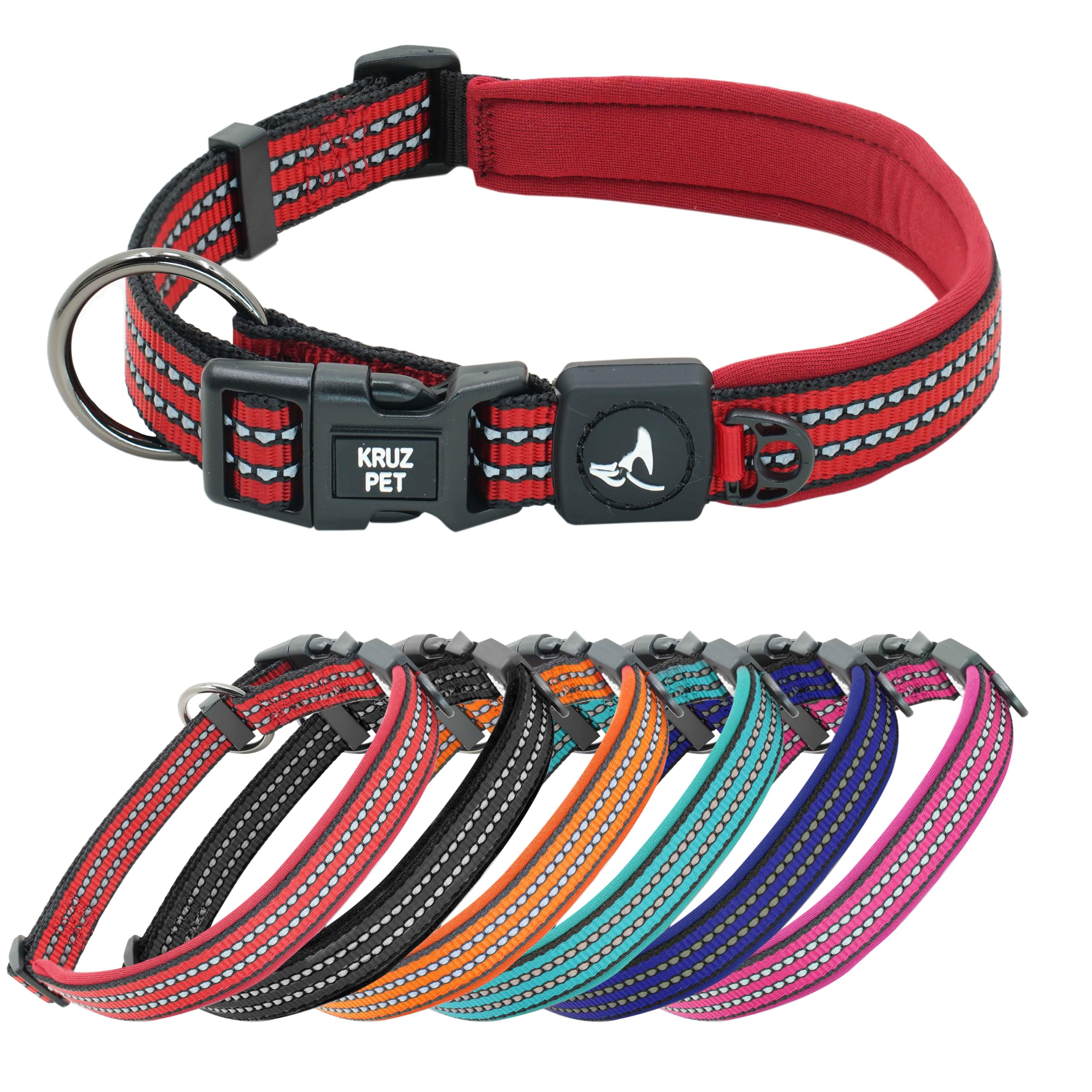 Kruz Pet Kzv006-03L Reflective Dog Collar For Small, Medium, Large Dogs, 100% Nylon Adjustable Pet Neck Collar, Heavy Duty O-Ring, Soft, Comfortable Neoprene Padding - Red - Large