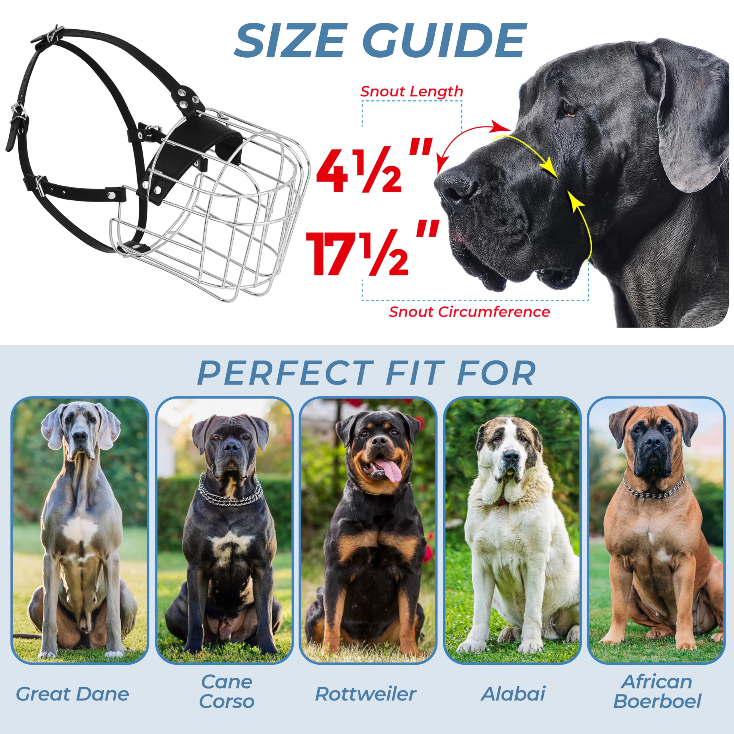 Clevertail Extra Large Dog Muzzle For Great Dane - Cage Muzzles For Barking And Prevent Biting - Metal Basket Dog Muzzle For Lar