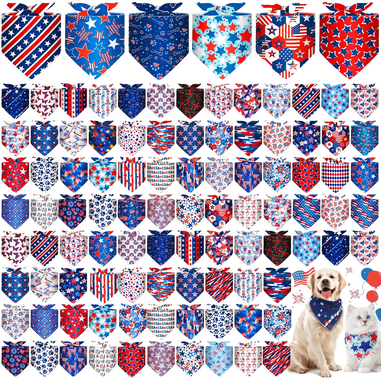 Paterr 100 Pieces Patriotic Dog Bandanas Bulk 4Th Of July Independence Day Pet Handkerchief Soft Dog Triangle Bibs Cute Kerchief
