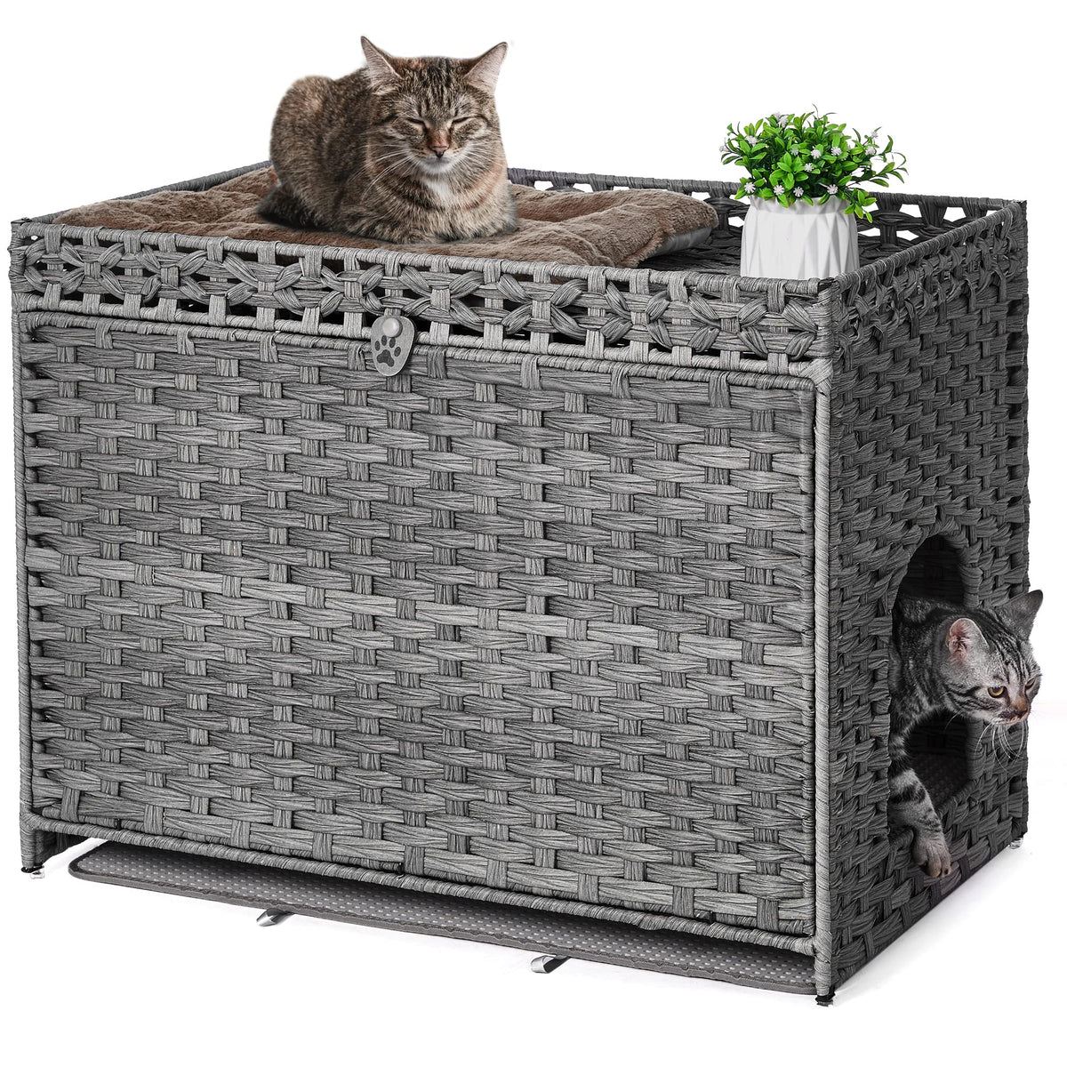 Cat Litter Box Enclosure With Soft Litter Mat; Hidden Kitten Washroom Furniture With Door; Handwoven Rattan Cat House With Large
