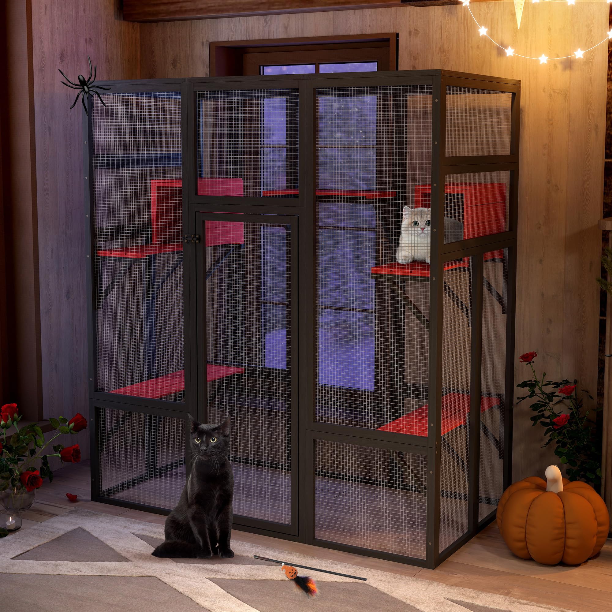 Nyeekoy 71Inches Large Wood Catio Outdoor Cat Enclosure With Perches And Condos, Cat House Indoor With Waterproof Roof, Cat Shel