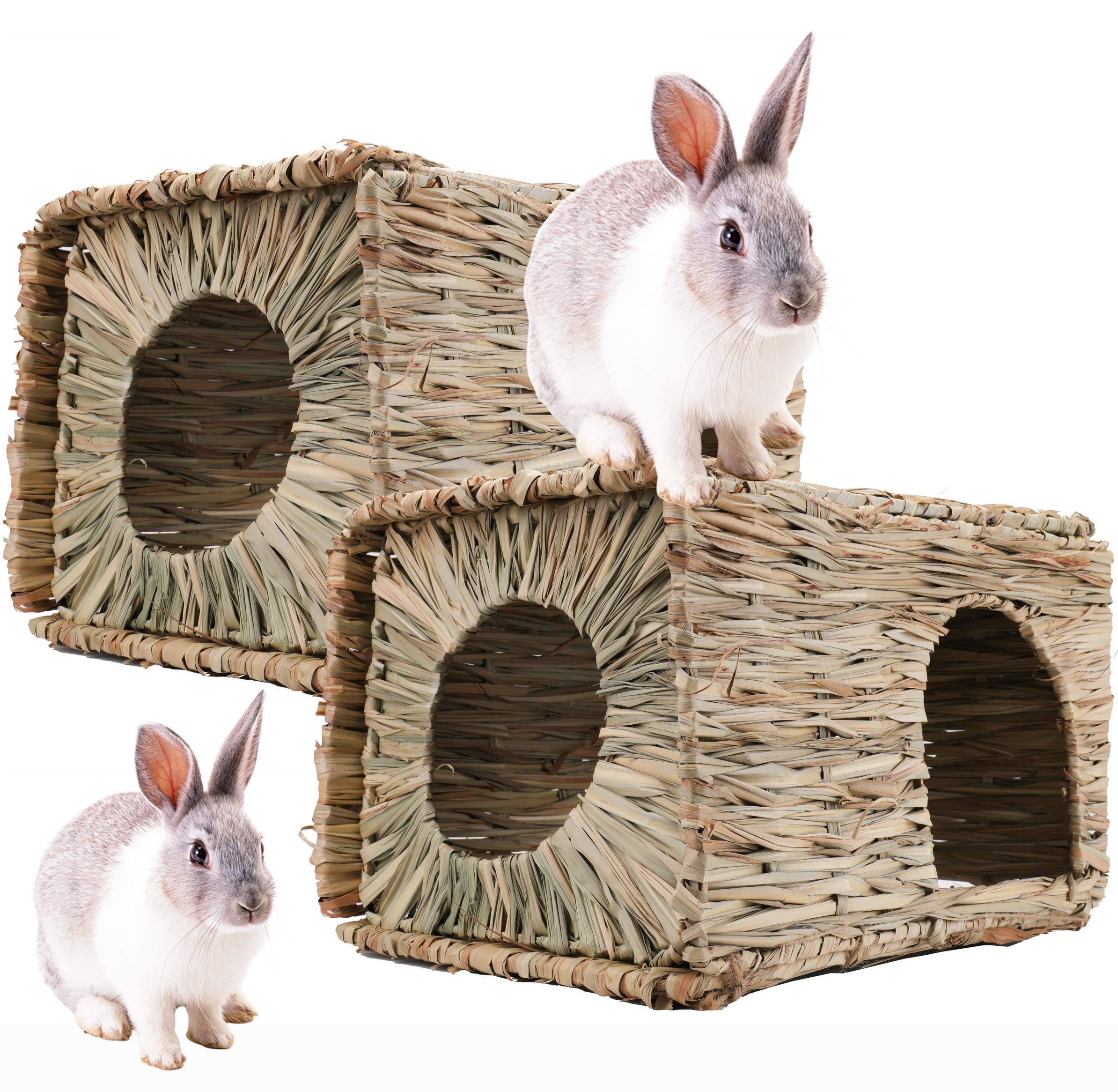 Wuweot 2 Pack Large Grass Bunny House, Foldable Woven Animal Hut, Play Hideaway Bed Hay Mat Chew Toy For Rabbit, Guinea Pigs, Ge