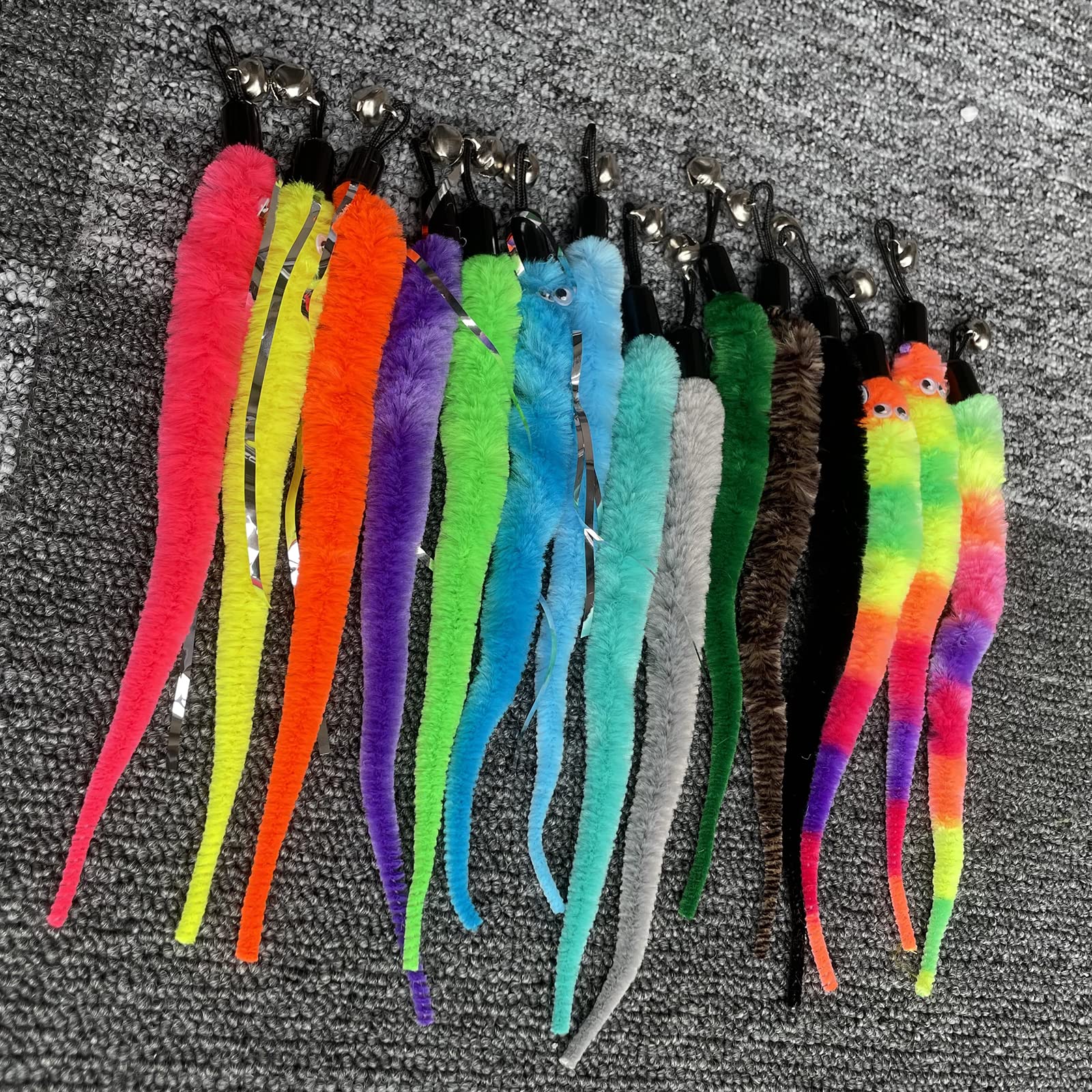 Yubonus Cat Wand Toy Refills 16Pcs With Bells, Interactive Durable Worm Attachments For Indoor Cats, Safe Teaser Replacement Cat