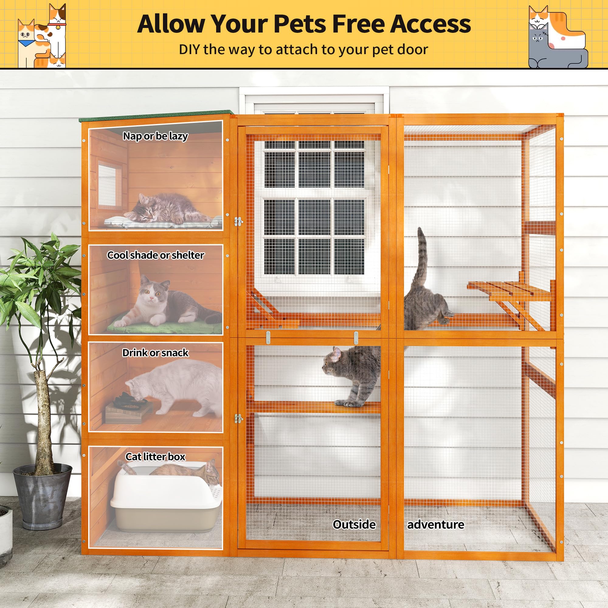 Coziwow Large Wood Cat Catio, Outdoor Enclosure With Weatherproof Roof, 2 Resting Rooms, 2 Platforms, 4-Tier Cat Playpen, Orange