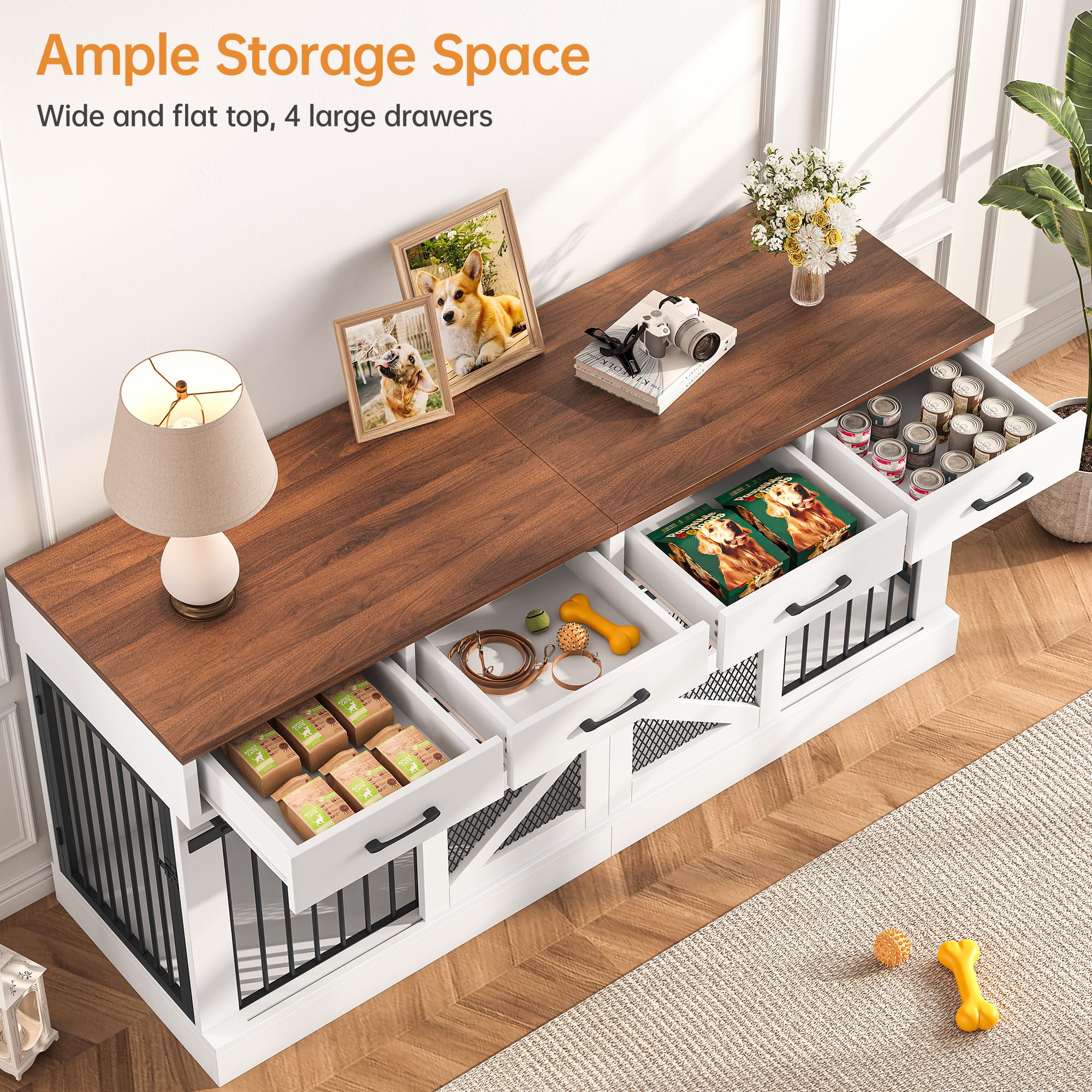 OtterOasis Extra Large Dog Crate Furniture for 2 Dogs, 71 Dog Kennel Indoor with Removable Divider and 4 Storage Drawers, Stur