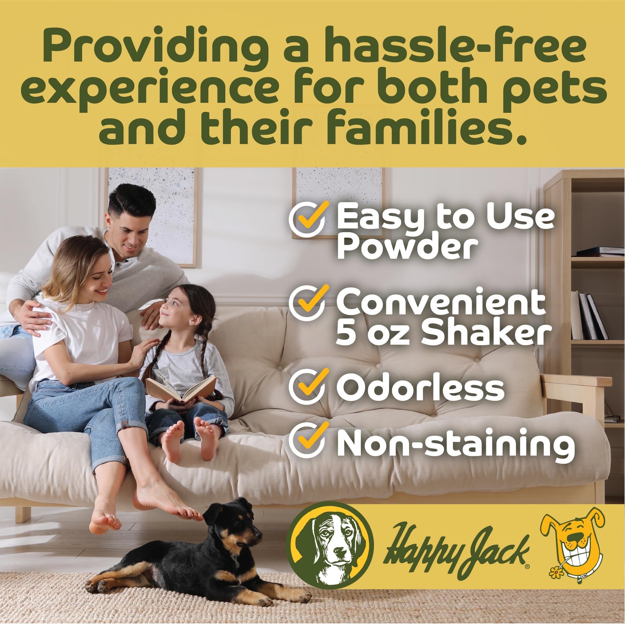 Happy Jack Flea and Tick Powder for Dogs & Puppies, 5 oz - Odorless, Non-Staining Treatment for Carpets, Furniture, Kills Pests & Lice