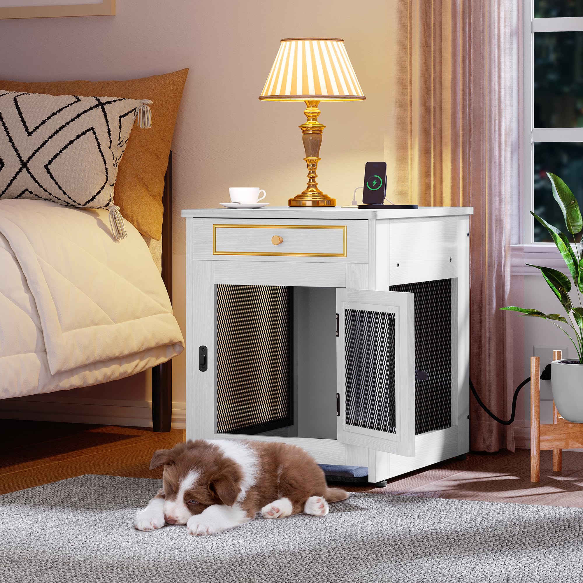 DWVO Dog Kennel Furniture with Dual USB Charger, Dog Crate End Table with Tray, Wooden Dog Crate Furniture with Cushion for Smal