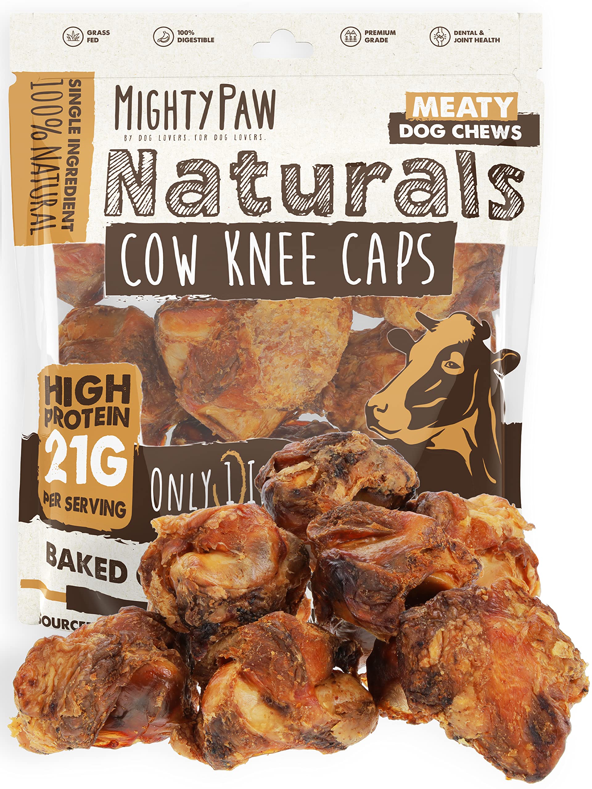 Mighty Paw Naturals Dog Bones - Cow Knee Caps for Dogs (8 Pack) | 100% Natural Beef Knee Caps for Dogs, Beef Bones for Dogs, Dog