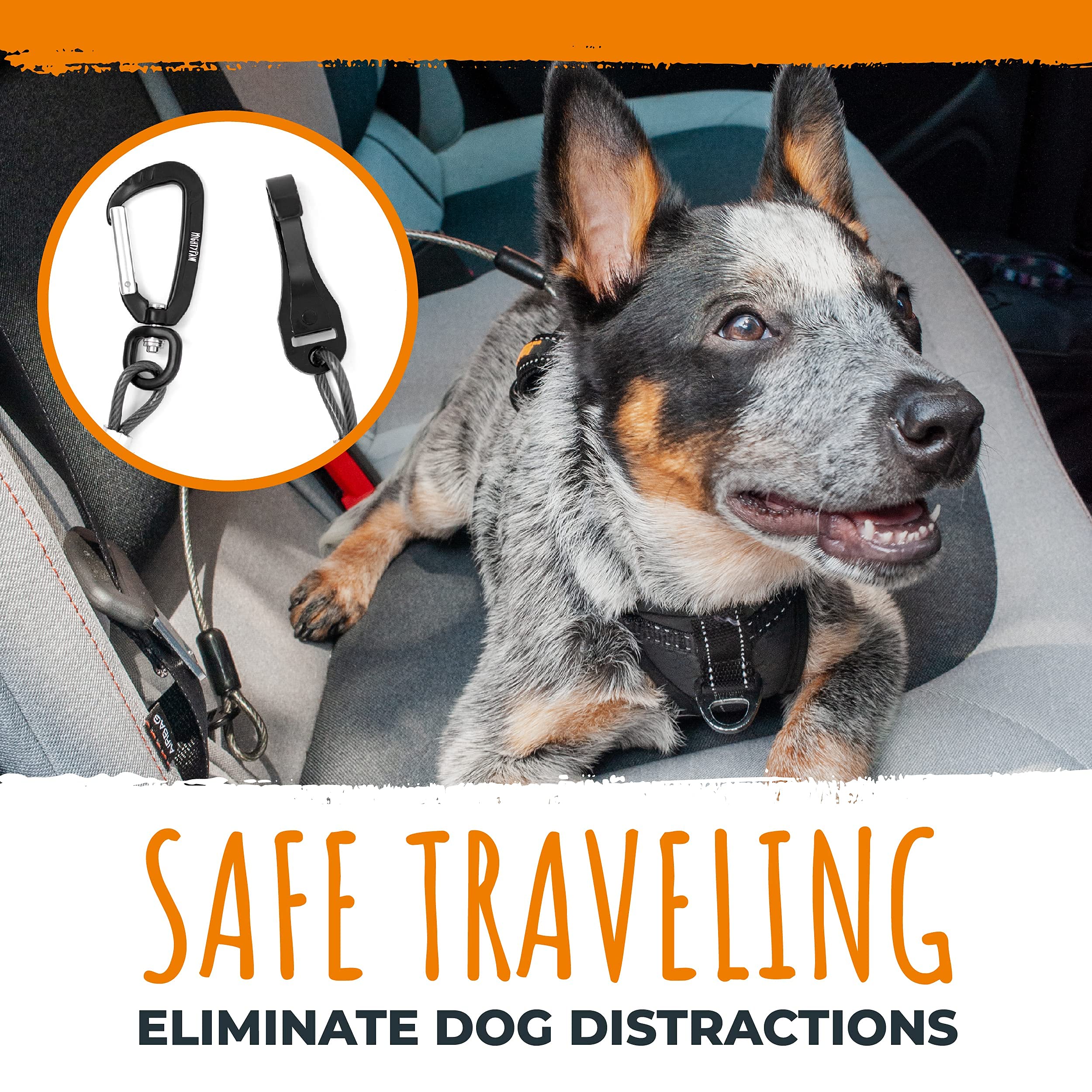Mighty Paw Dog Seat Belt - Chew Proof Metal Pet Safety Belt, Steel Braided Vehicle Restraint, No Chew Tether Seatbelt With Rock