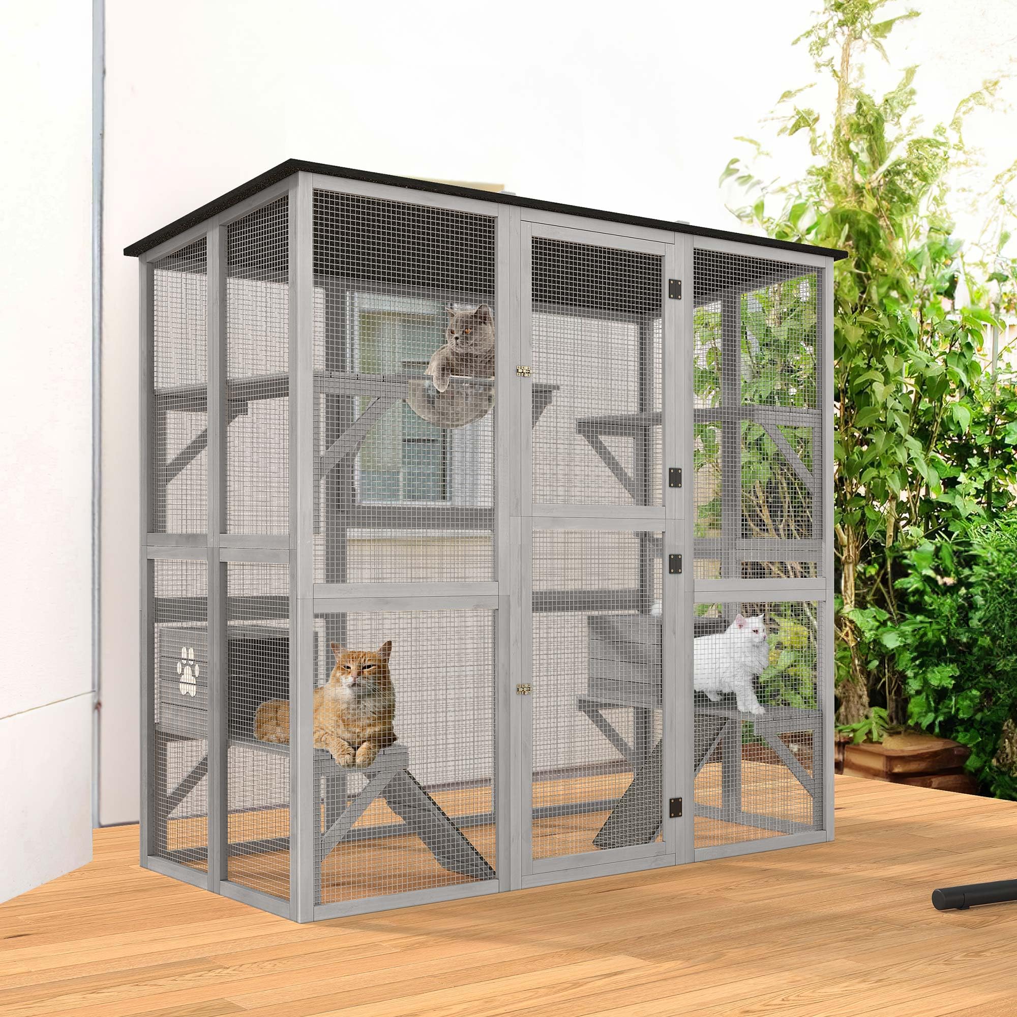 YITAHOME Catio Outdoor Cat Enclosure Large, Tall Wooden Cat House with Weatherproof Asphalt Roof, Cat Cage Playpen with Multiple