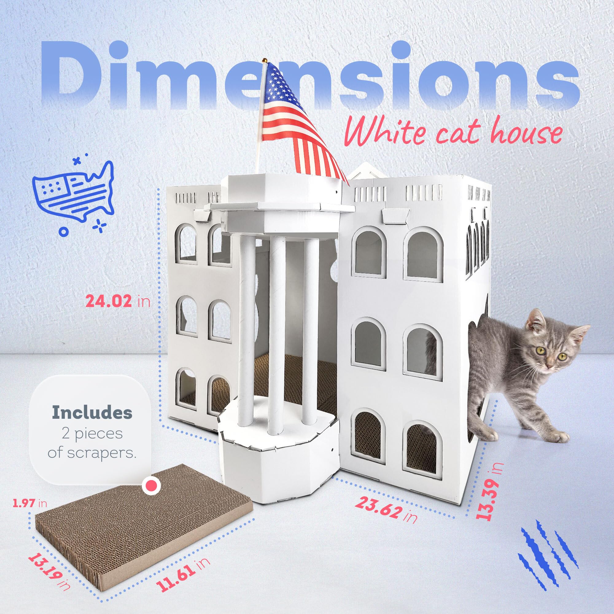 White Cardboard Cat Houses For Indoor Cats, 2 Cat Scratching Mat & Nips Organic - Cat House Cardboard - Cat Scratcher Box - Casa