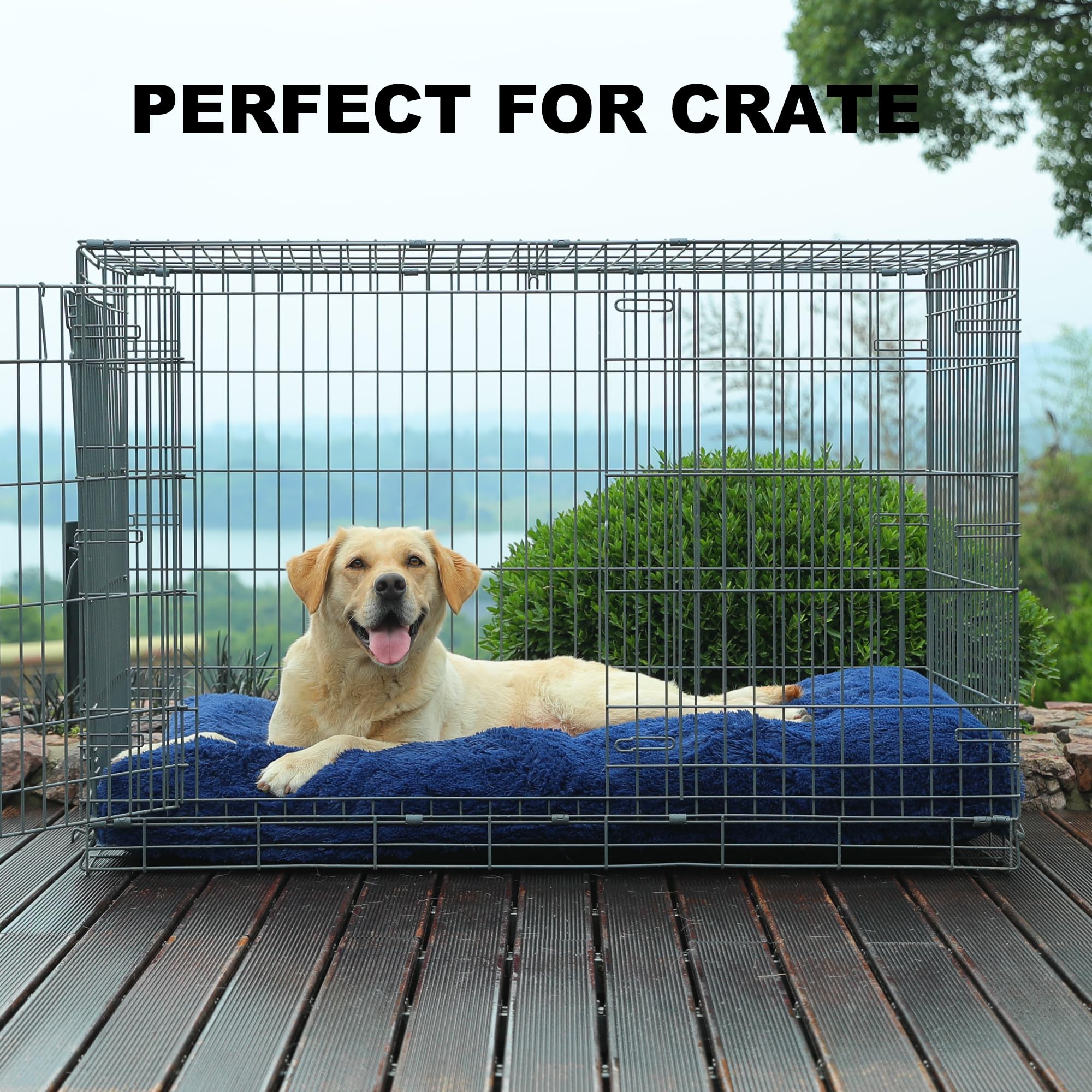 Bedfolks Plush Dog Crate Pad, Washable Dog Kennel Bed 41''X27'', Faux Fur, Waterproof, Extra Large, Dark Blue
