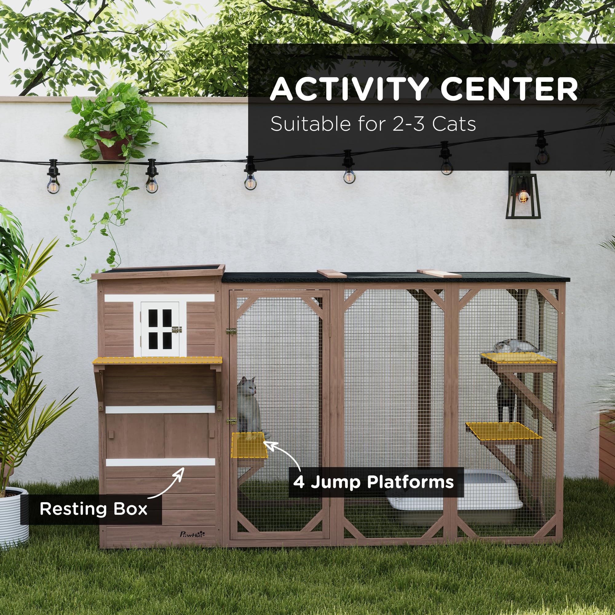 PawHut Catio Outdoor Cat Enclosure, Large Wood Kitten Cat House Enclosure with 3-Level Design, Weatherproof Roof, Big Hiding Are