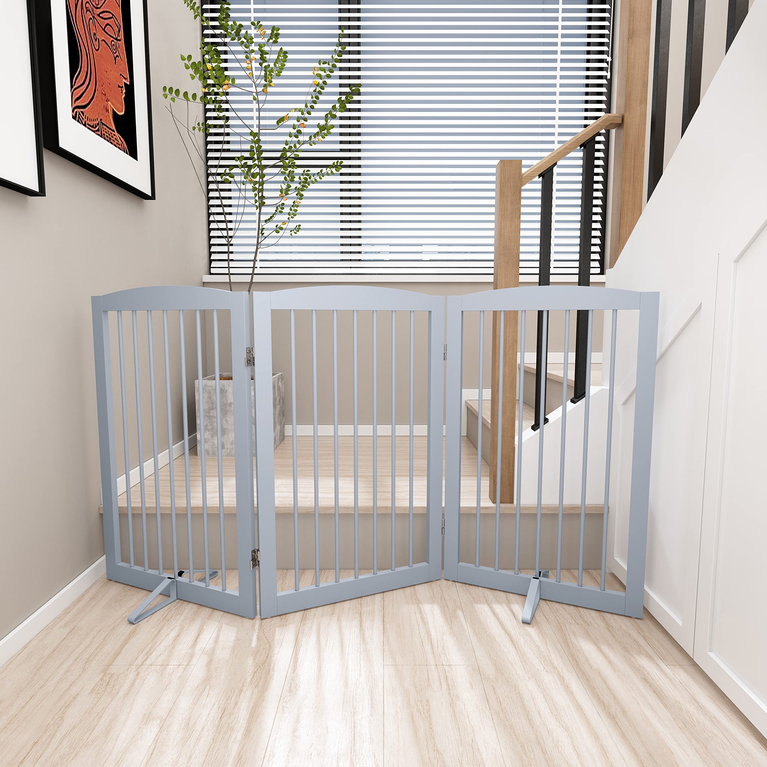 Pupetpo Freestanding Pet Gate For Dogs, Foldable Wooden Dog Gate For House Indoor, Tall Dog Gate For Stair, Doorway,Hall, Step Over Pet Puppy Safety Fence, 3 Panels 32' ,Grey