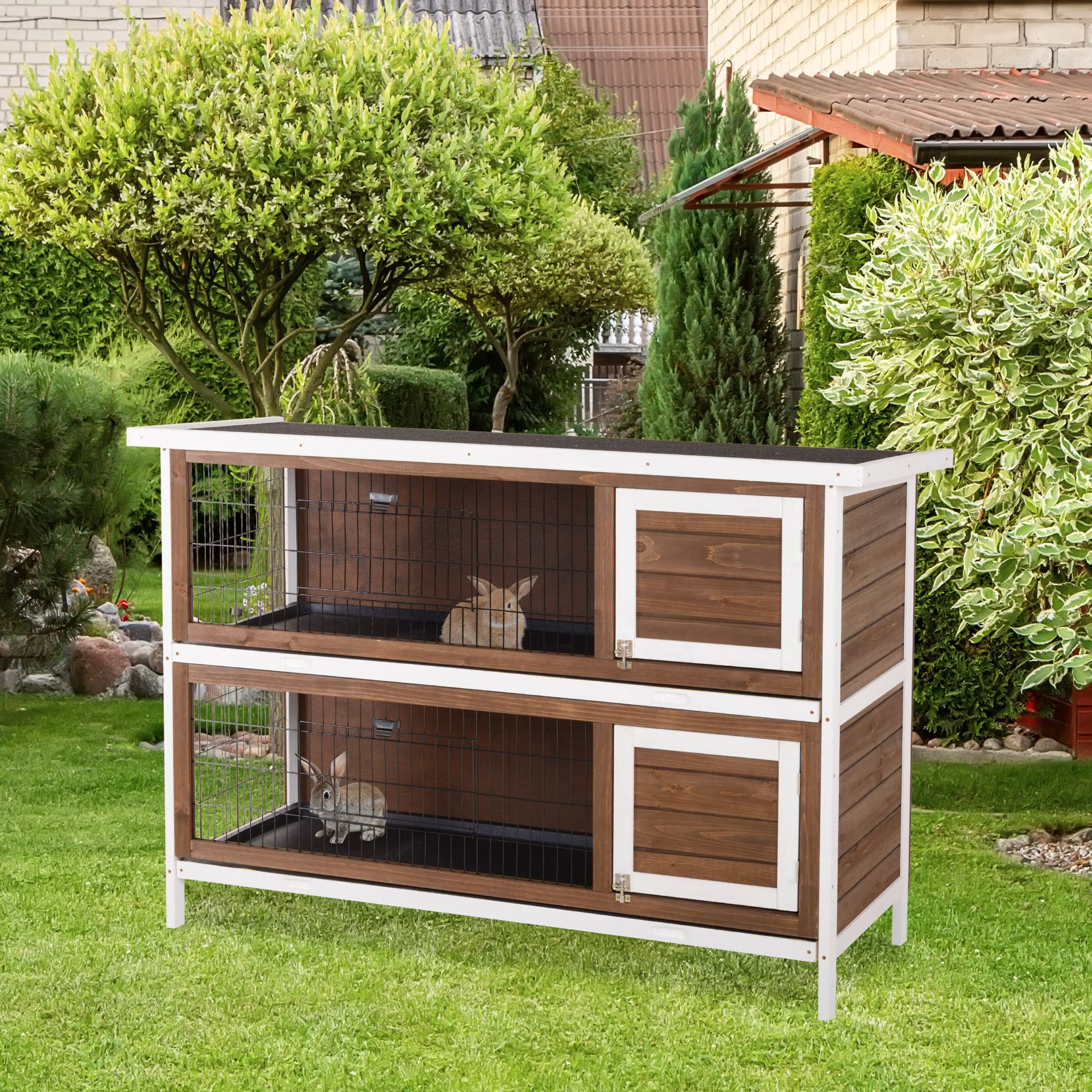 Pawhut 54' 2-Story Large Rabbit Hutch Bunny Cage Wooden Pet House Small Animal Habitat With Lockable Doors, No Leak Tray And Waterproof Roof For Outdoor/Indoor Brown