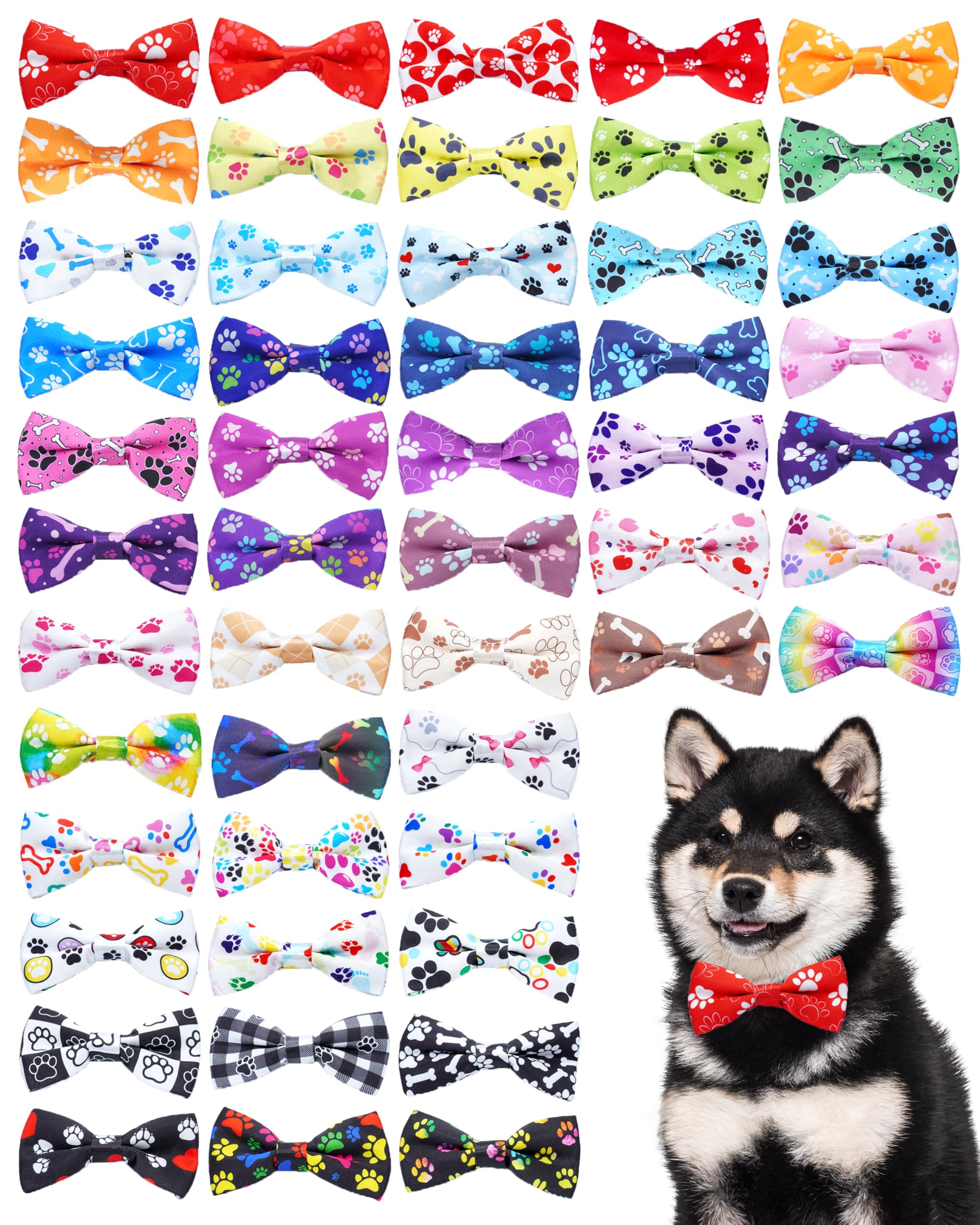 Pet Show 50 Pack Small Dog Bow Ties Collar Paw Print Puppy Adjustable Bowties Neckties For Medium Dogs Cats Bowknots Bulk Pet Gr