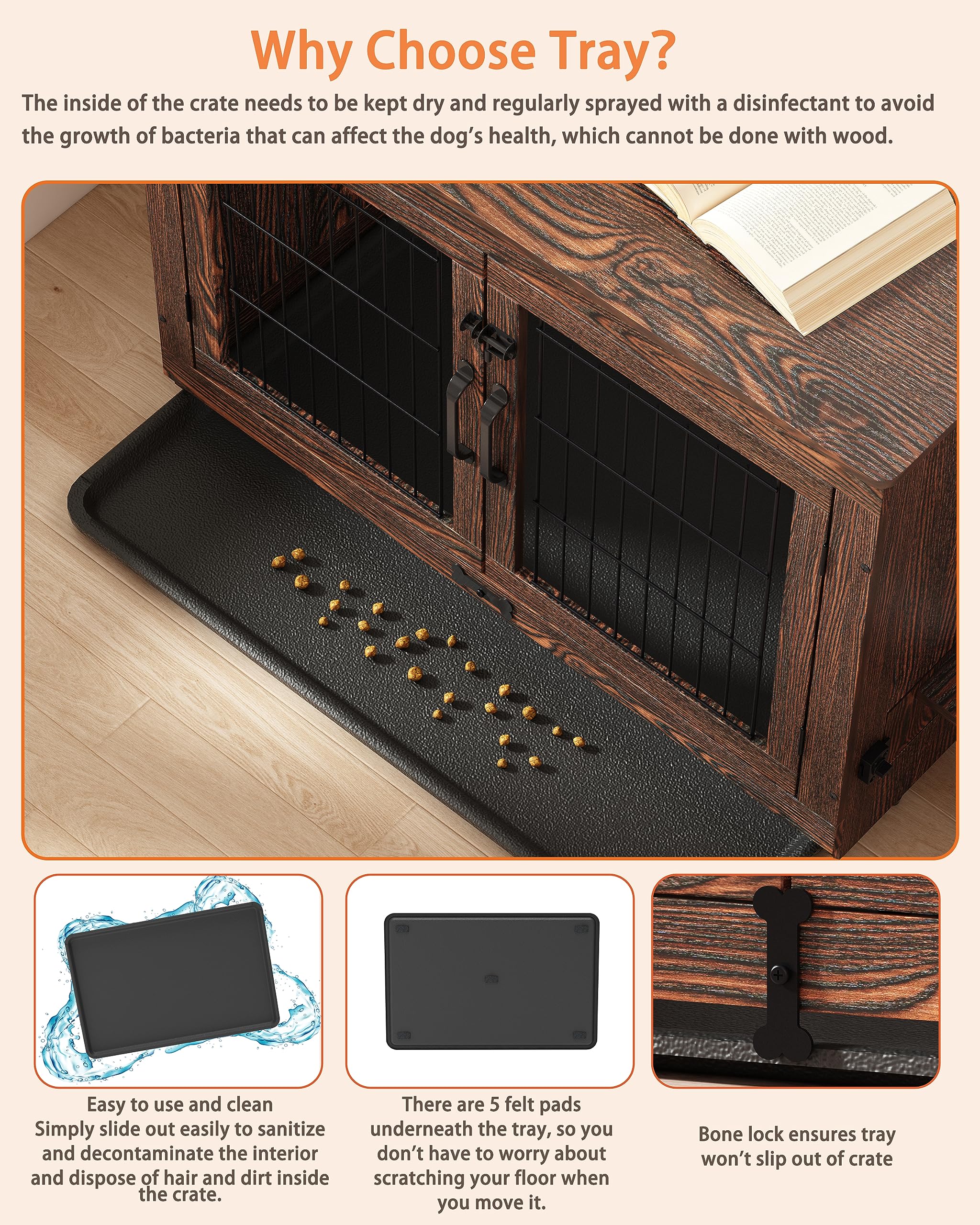 Piskyet Wooden Dog Crate Furniture With 360Rotatable Removable Dog Bowls, Dog Crate End Table With Tray, Double Doors Dog Kennel