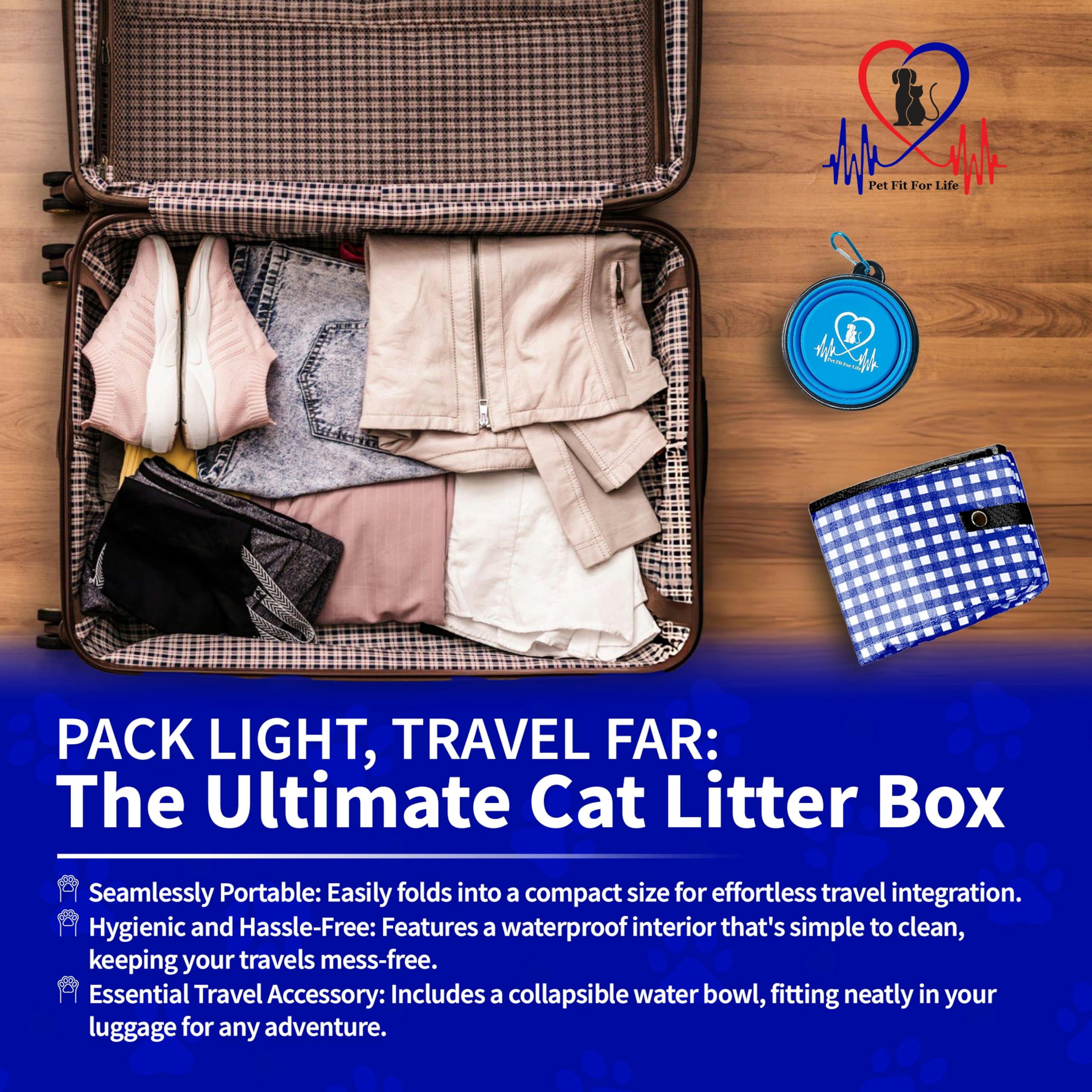 Pet Fit For Life - Vibrant Collapsible Travel Cat Litter Box - Portable, Foldable, Compact Design With Bonus Water Bowl - Ideal For Car & Camping - Reusable, Cats Safe - Blue, (16'X12'X5')