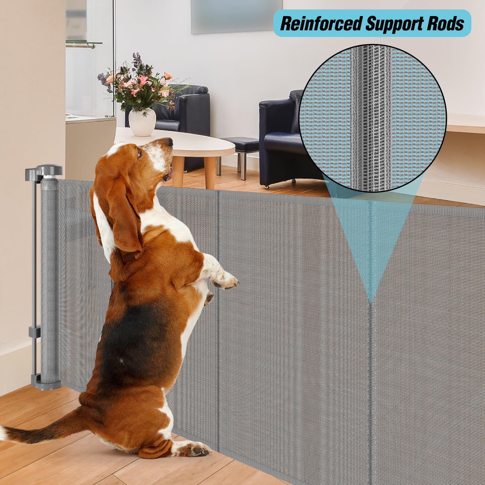 24 Inches Tall Retractable Baby gate for Dogs, Short Pet Gates to Step Over, Extends up to 55'' Wide, Reinforced Mesh Doggie Gat