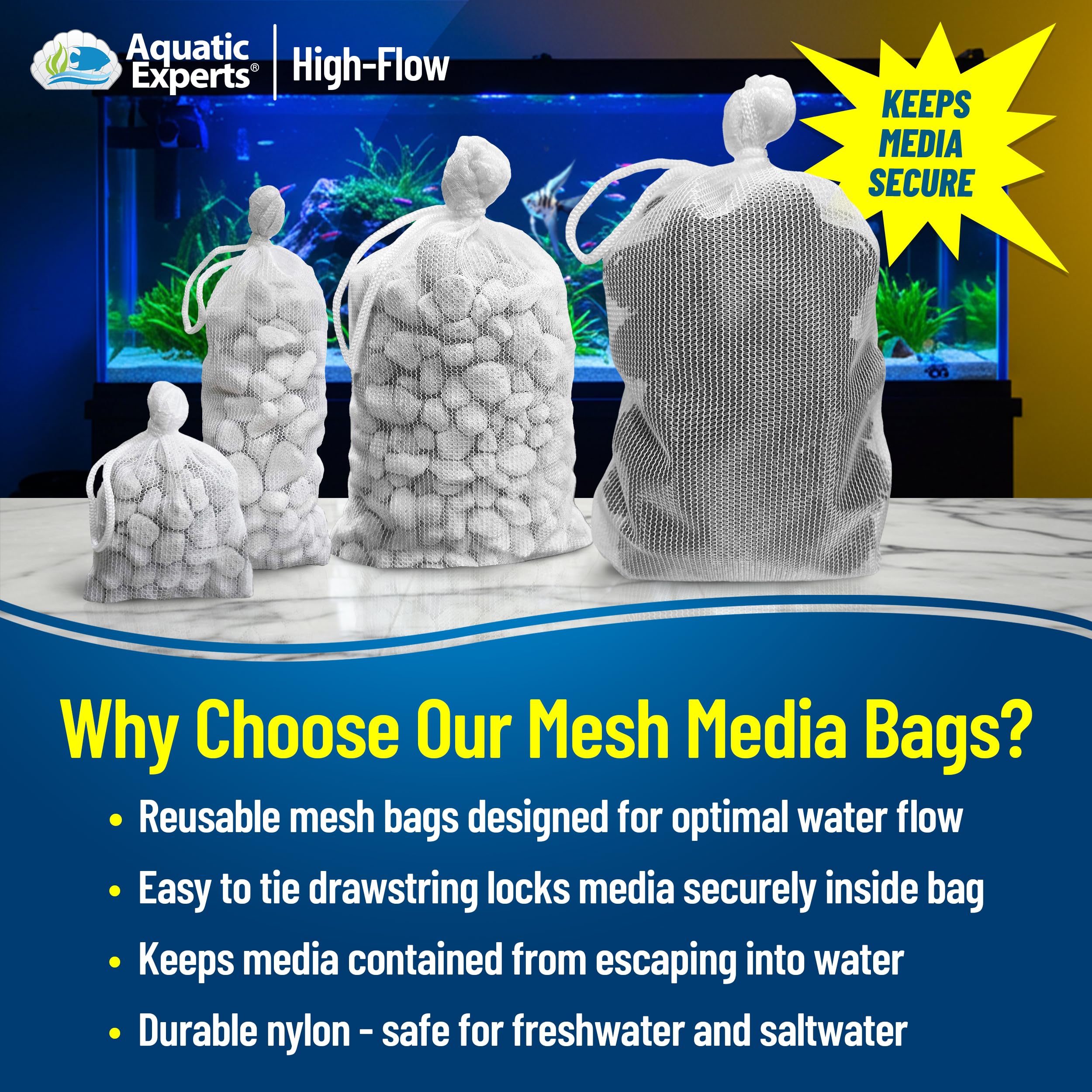 Aquatic Experts High Flow Mesh Filter Media Bags - Aquatic Bags For Filter Media (High Flow, 3' X 4' - 4 Pack)
