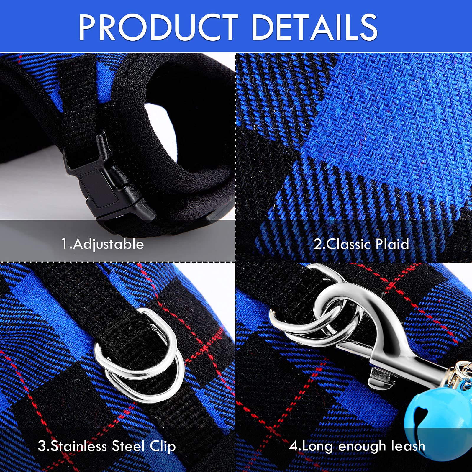 2 Pieces Guinea Pig Harness And Leash Plaid Hamster Harness With Safety Bell Adjustable Ferret Harness And Leash Set No Pulling