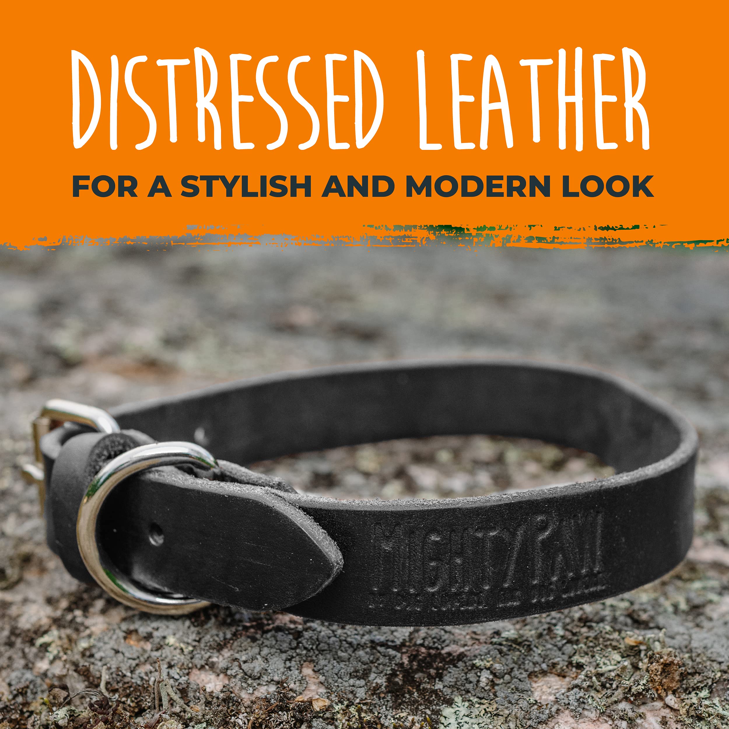 Mighty Paw Leather Dog Collar | Distressed Real Genuine Leather And A Strong Metal Buckle. Super Soft For Ultimate Comfort. Modern Designer Look For Small, Medium, Large And Xl Pets (Black)