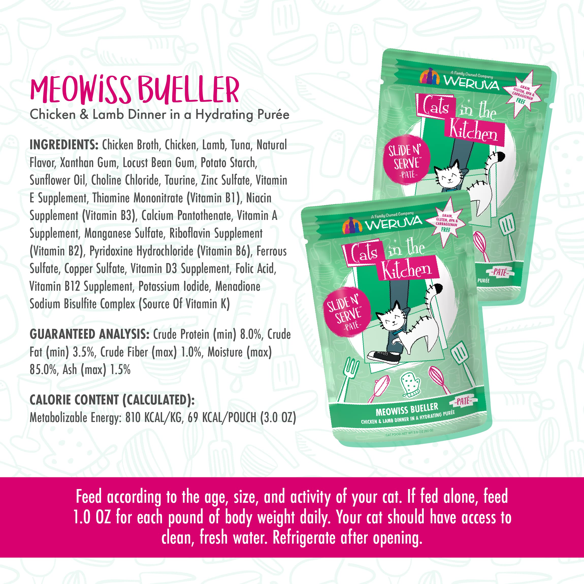 Weruva Cats in The Kitchen Slide N Serve Grain-Free Natural Wet Pate Cat Food Pouches, Meowiss Bueller, 3oz Pouch (Pack of 12)