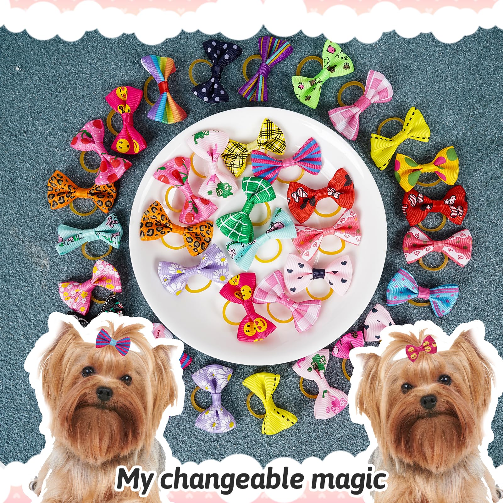 Chenkou Craft 50Pcs/25Pairs Puppy Yorkie Dog Hair Bows With Rubber Band Pet Grooming Products Mix Colors Varies Patterns Pet Hair Bows Dog Accessories