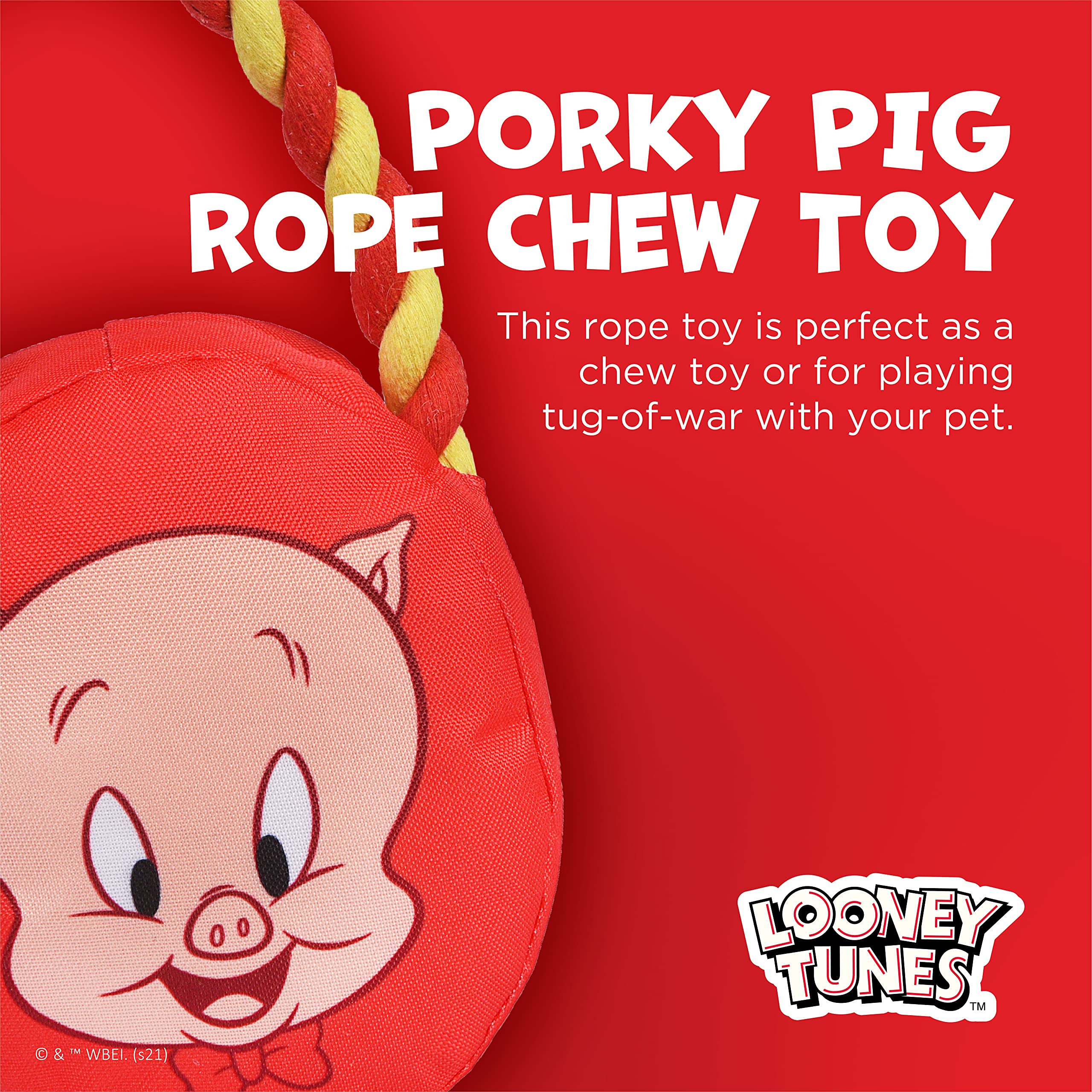 Looney Tunes For Pets Porky Pig Rope Head Stuffed Dog Toy For All Dogs | Red And Yellow Character Plush Fabric Toy For Dogs | Cute Rope Canvas Dog Toy