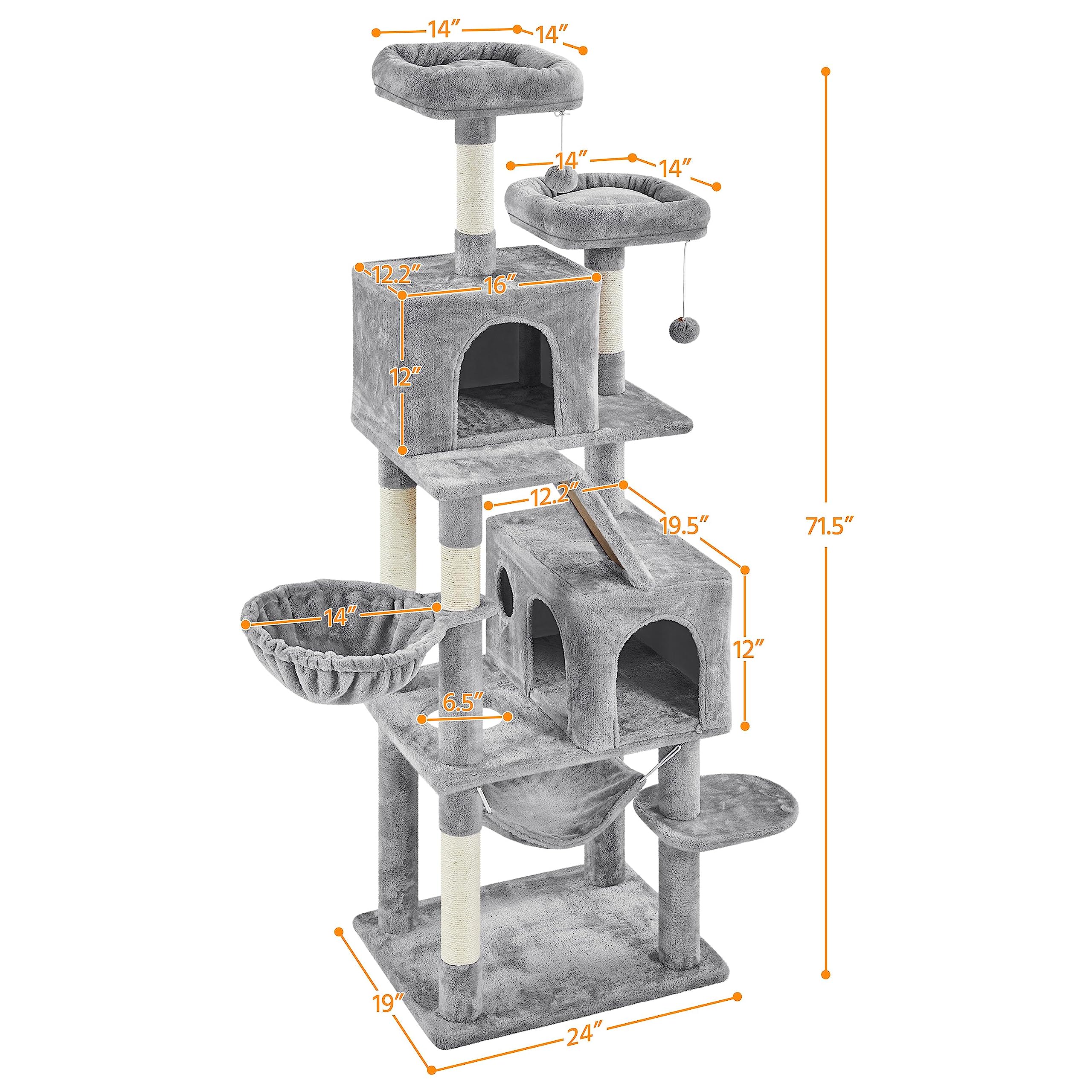 Yaheetech Cat Tree, 71.5in Cat Tower for Indoor Kittens with 2 Cozy Condos, 2 Padded Perches, Scratching Posts & Ramp, Hammock,