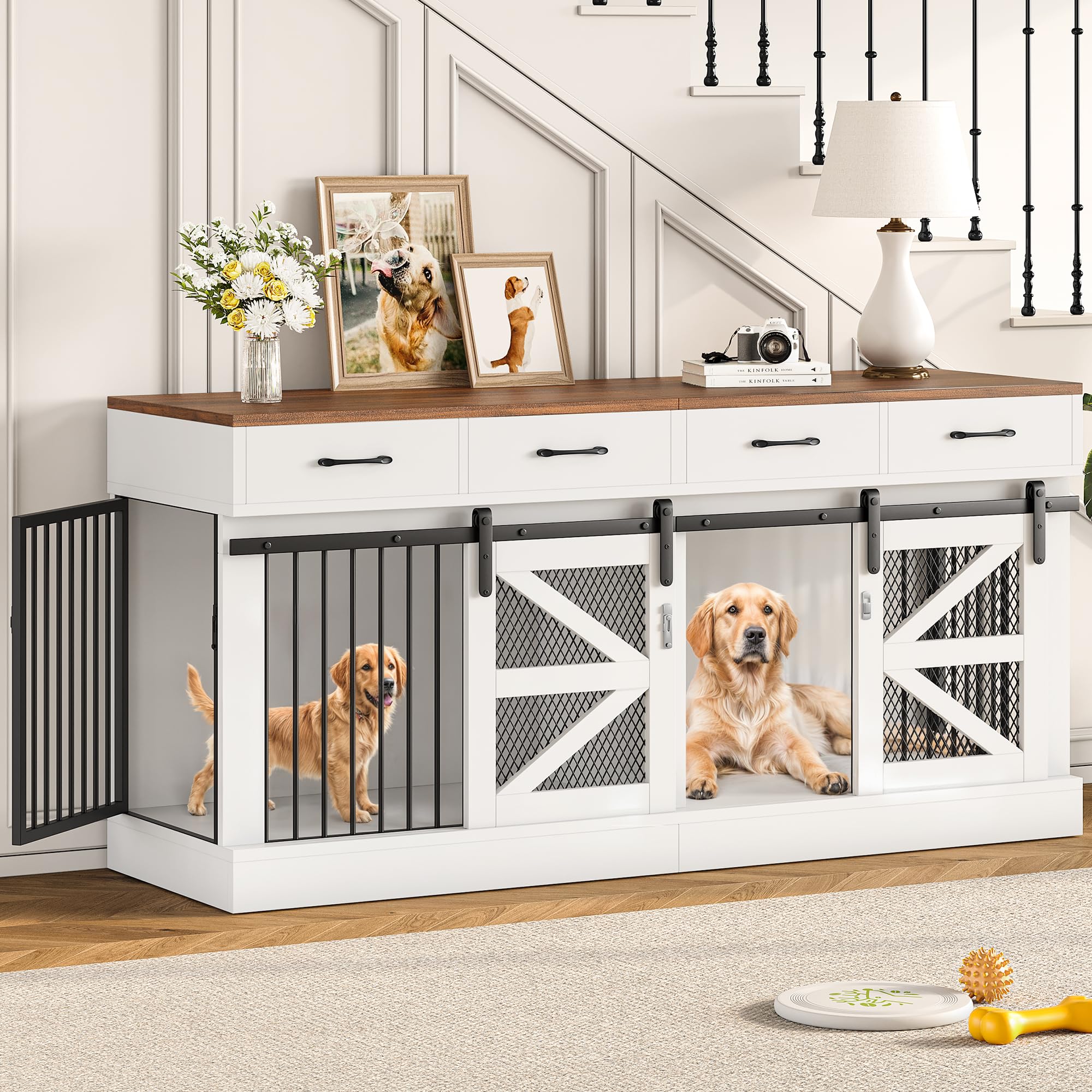 OtterOasis Extra Large Dog Crate Furniture for 2 Dogs, 71 Dog Kennel Indoor with Removable Divider and 4 Storage Drawers, Stur
