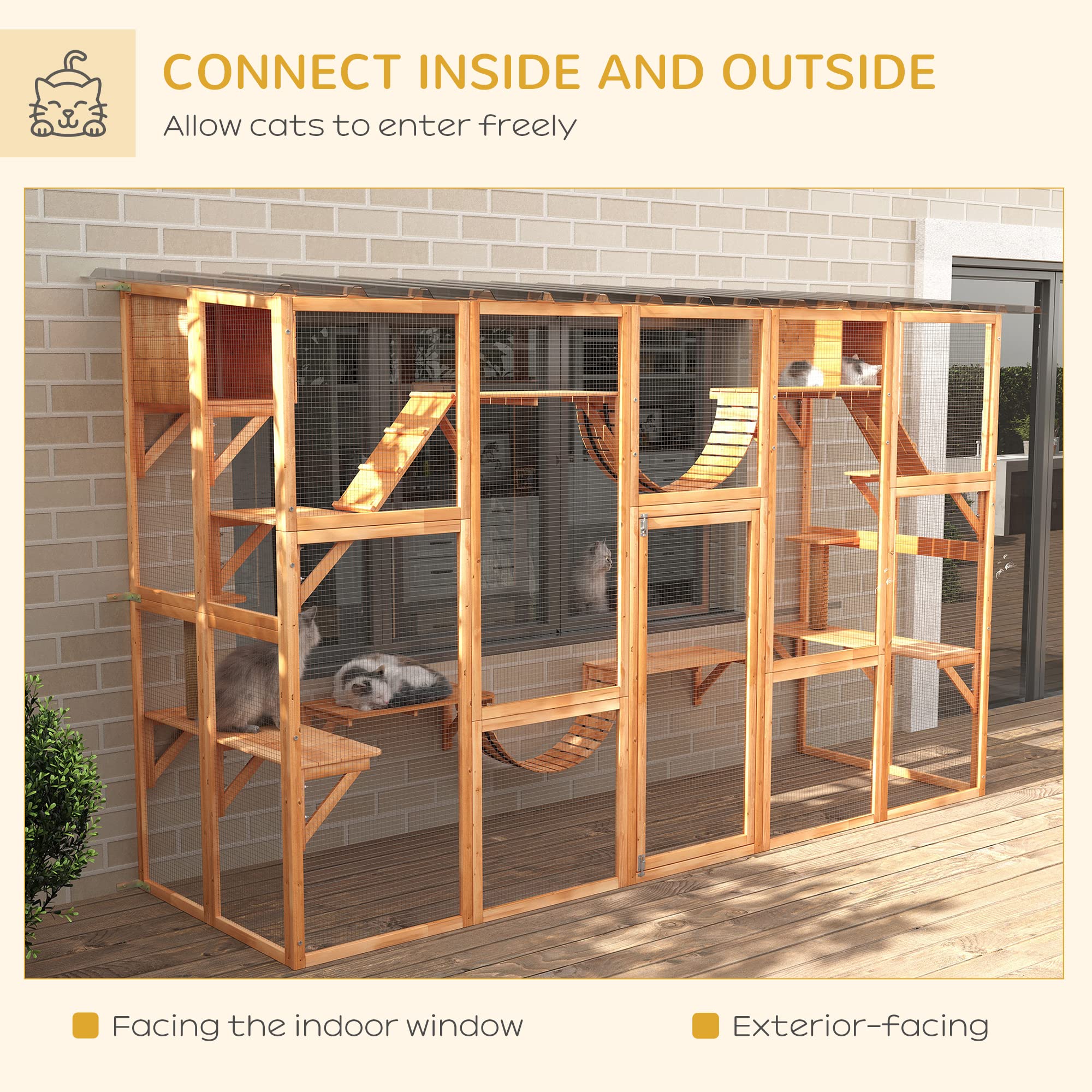 Pawhut Catio Playground Cat Window Box Outside Enclosure, Outdoor Cat House With Weather Protection Roof For Multiple Kitties, Wooden Frame, Shelves & Bridges, 118' X 37. 5' X 74', Orange