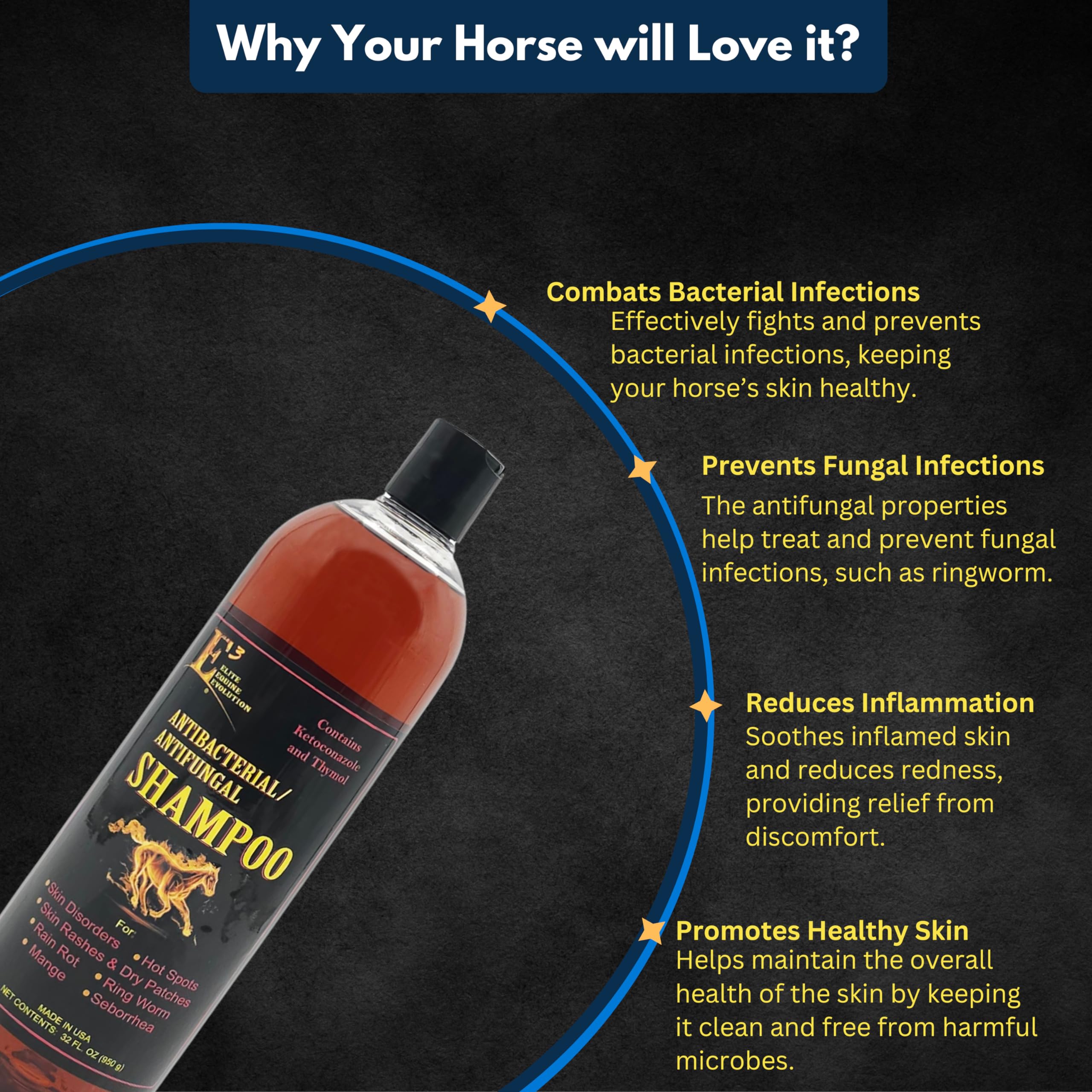E3 Antifungal Ketoconazole and Thymol Skincare Shampoo for Horses and Dogs - Relieves Itching, Irritation, and Skin Infections -