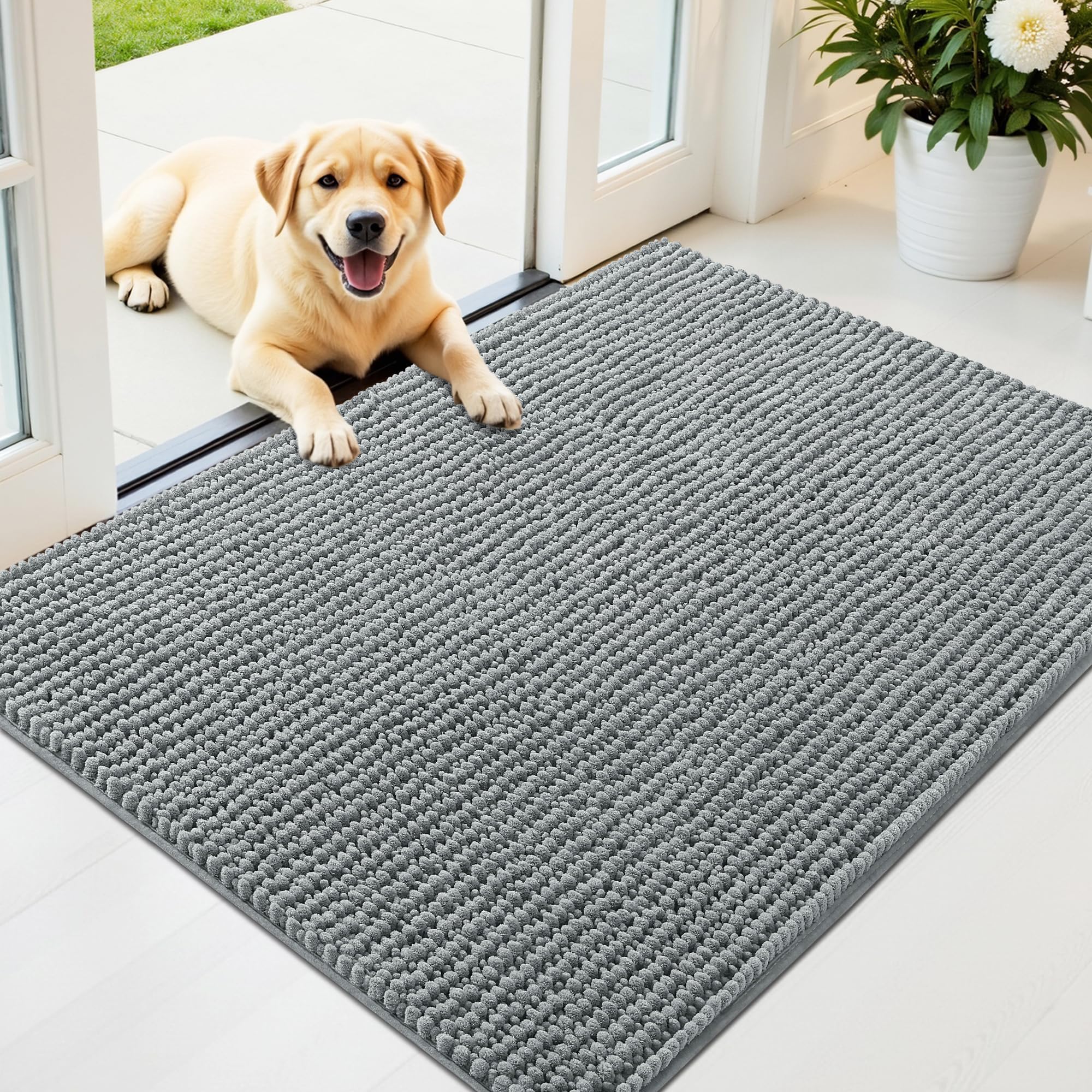 OLANLY Dog Door Mat for Muddy Paws 40x32, Ultra Absorbent Chenille Mud Doormat, Non-Slip Washable and Dirt Trapping Doormat for 