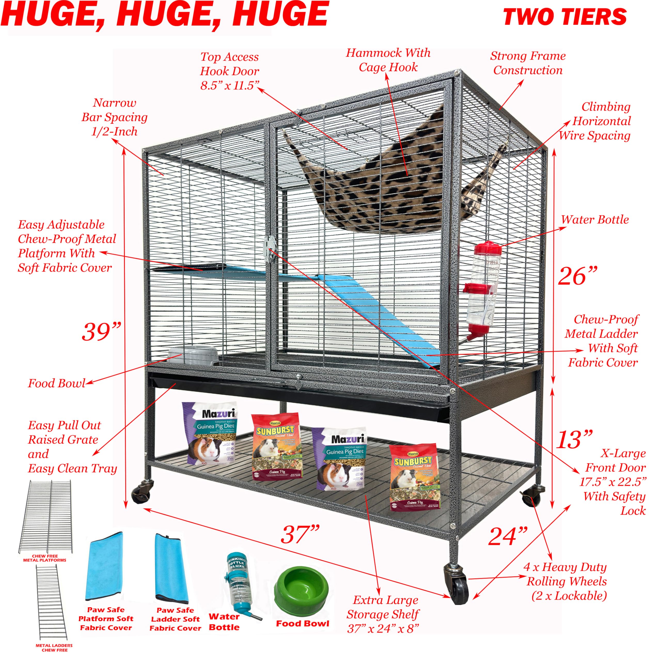 Xx-Large 37''X24''X39''H Two Tiers Chew-Proof Large Double Large Front Doors Tight 1/2-Inch Wire Spacing For Feisty Ferret Hammo