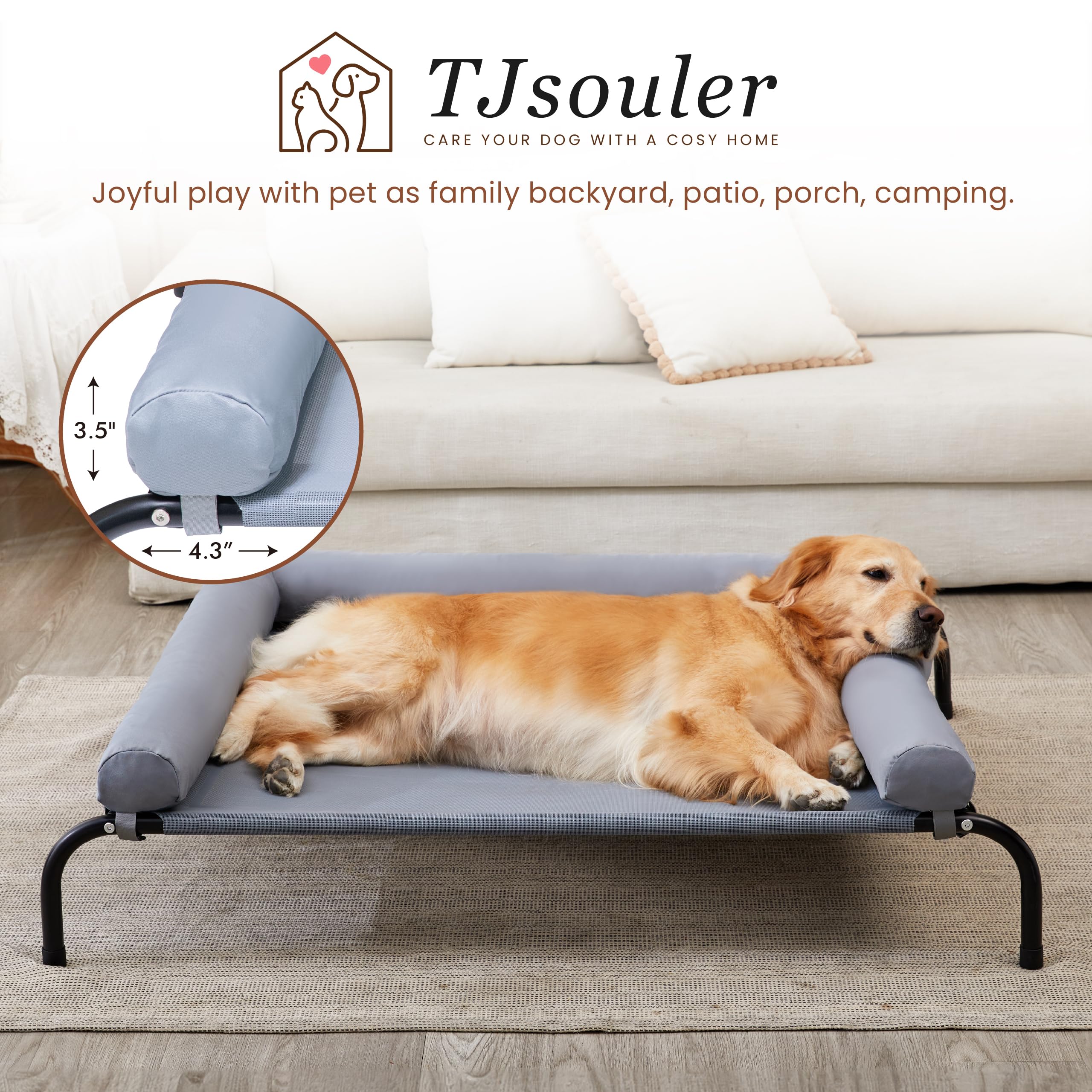 TJSOULER Cooling Elevated Dog Bed with Pillows,Portable Washable Raised Dog Cot with Chew Proof Mesh and Metal Frame,No-Slip Rub