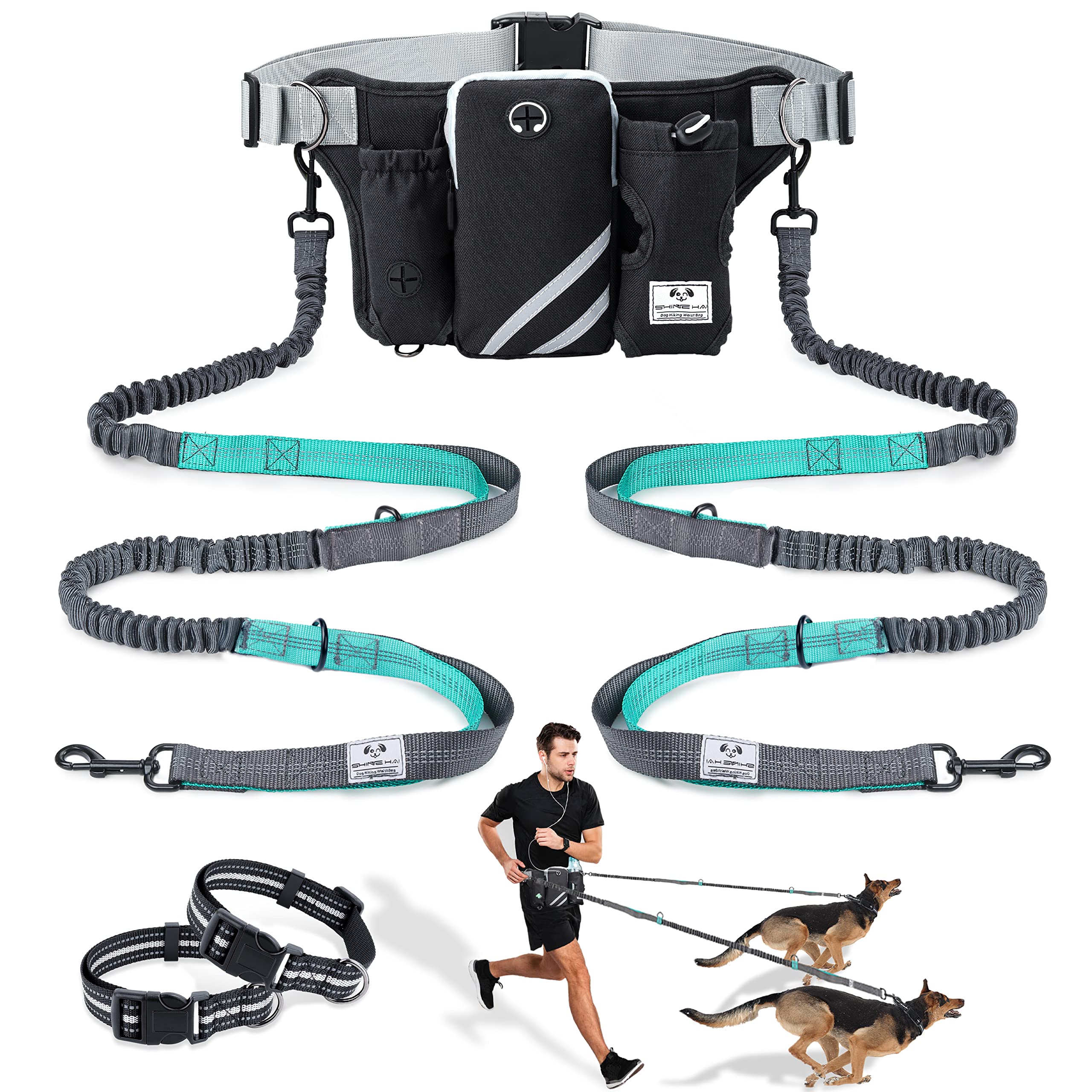 SHINE HAI Retractable Hands Free Dog Leash with Dual Bungees for 2 Dogs, Adjustable Waist Belt Fanny Pack, Reflective Stitching 