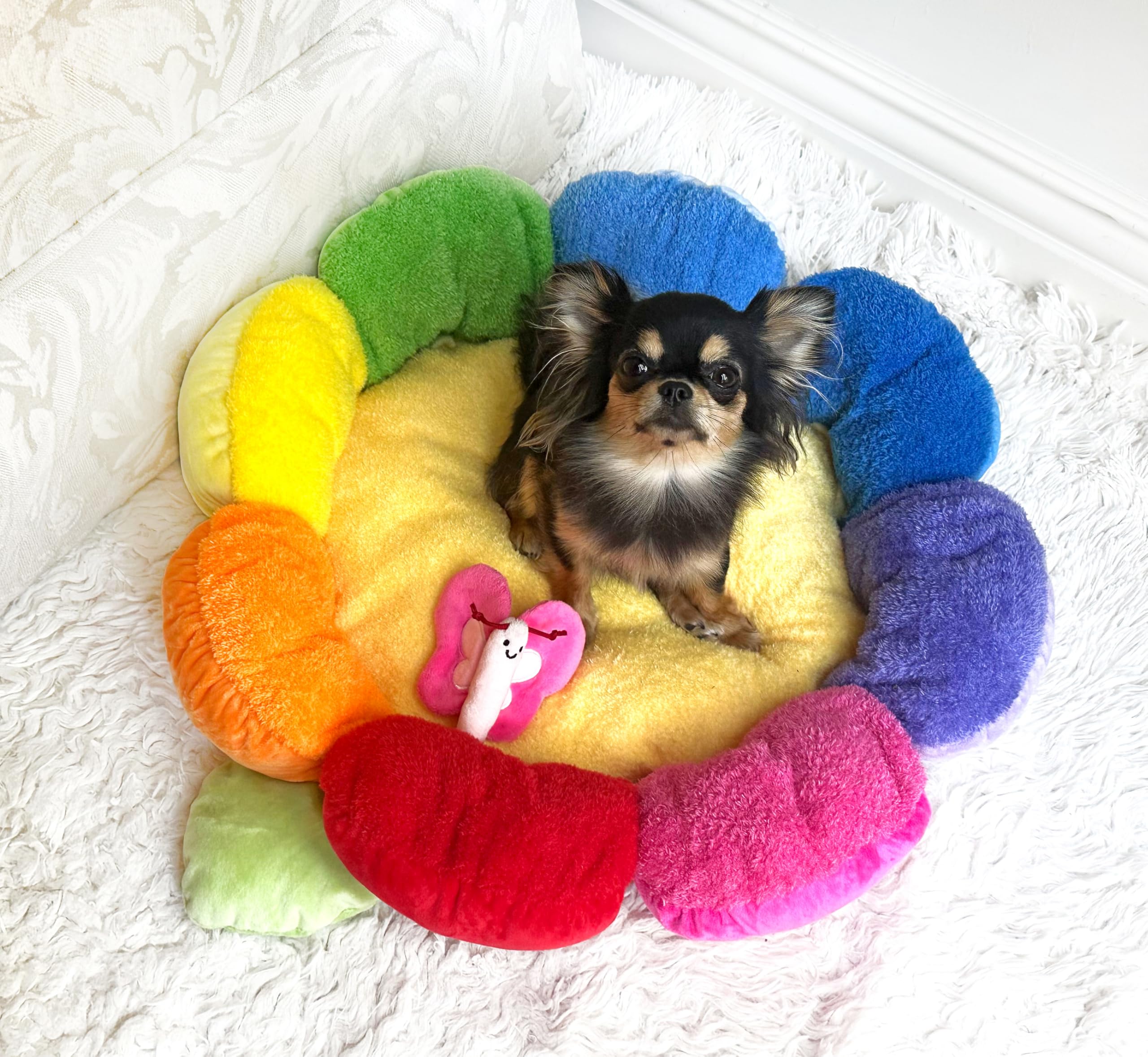 Tonbo Soft Plush Small Cute And Cozy Nature Dog Cat Bed, Washer And Dryer Friendly (Rainbow Flower)