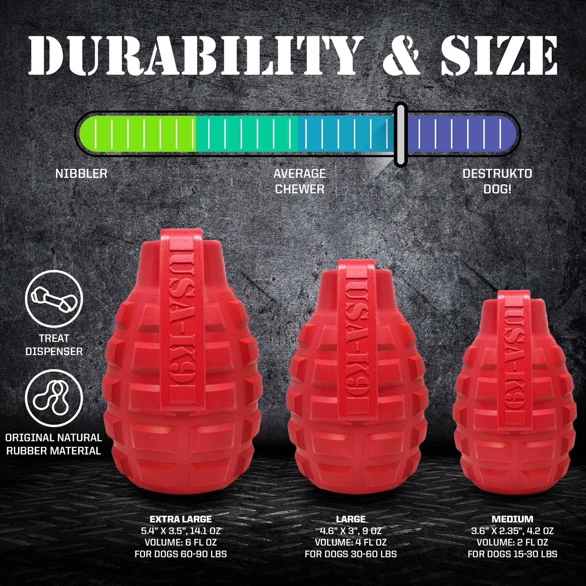 SodaPup USA-K9 Grenade - Durable Dog Treat Dispenser and Chew Toy Made in USA from Non-Toxic, Pet Safe, Food Safe Natural Rubber