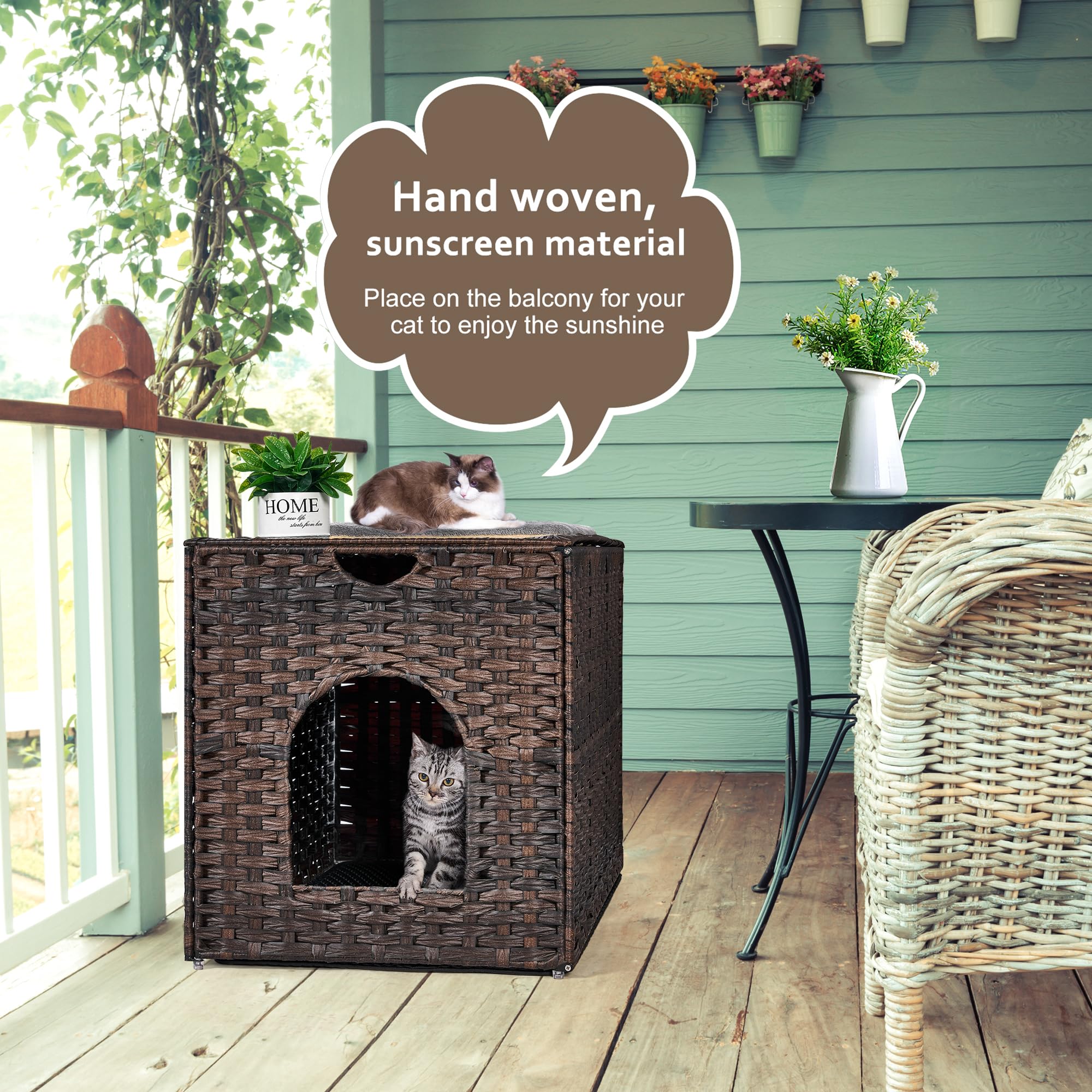 Cat Litter Box Enclosure With Litter Trapping Mat; Handwoven Plastic Rattan Cat House; No Installation Hidden Cat Washroom; Pet