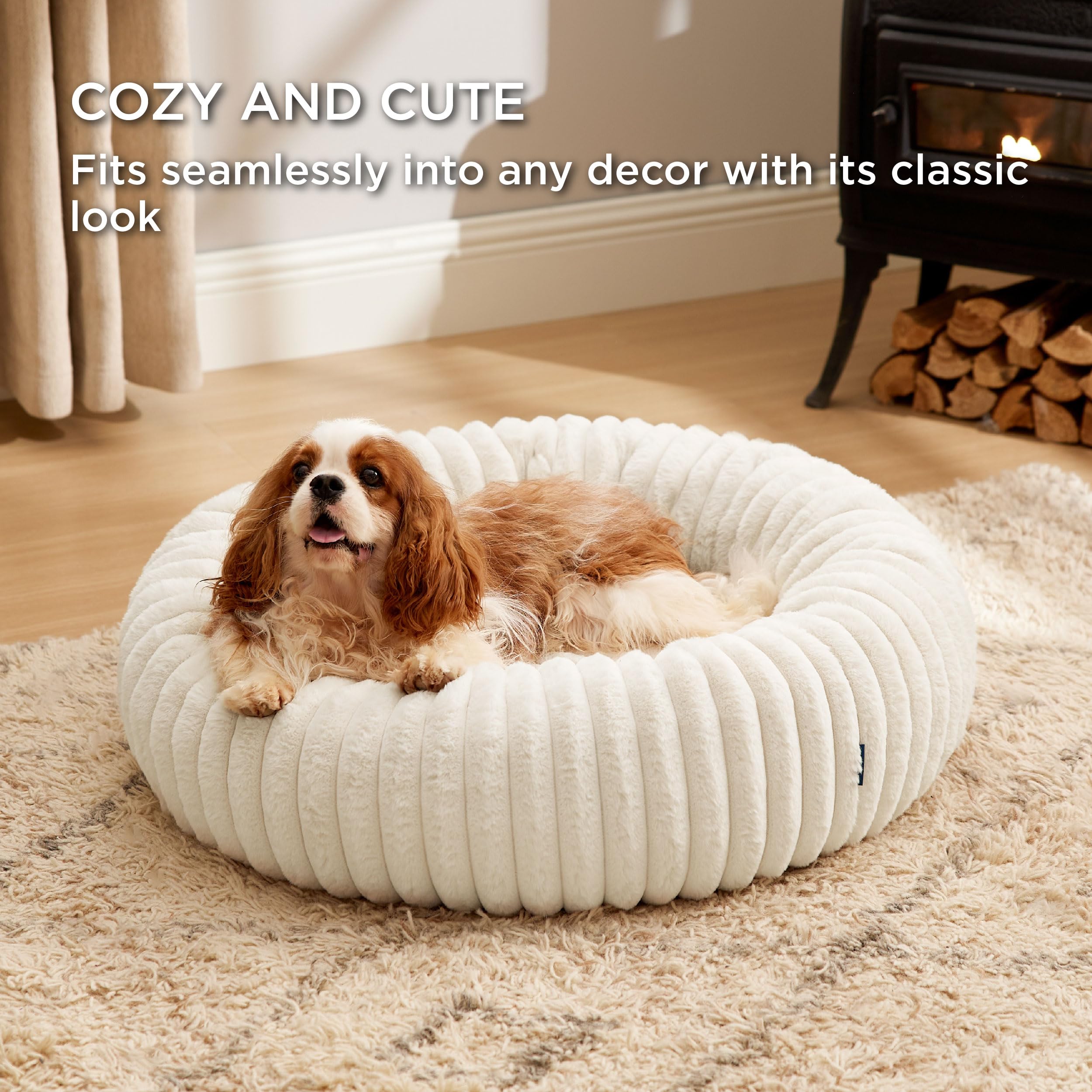 Bedsure ComfyFleece Donut Dog Bed, Medium 30x30x8 inches, Washable Faux Fur, Cream, Anti-Slip Bottom, Model BB4T9A9W0