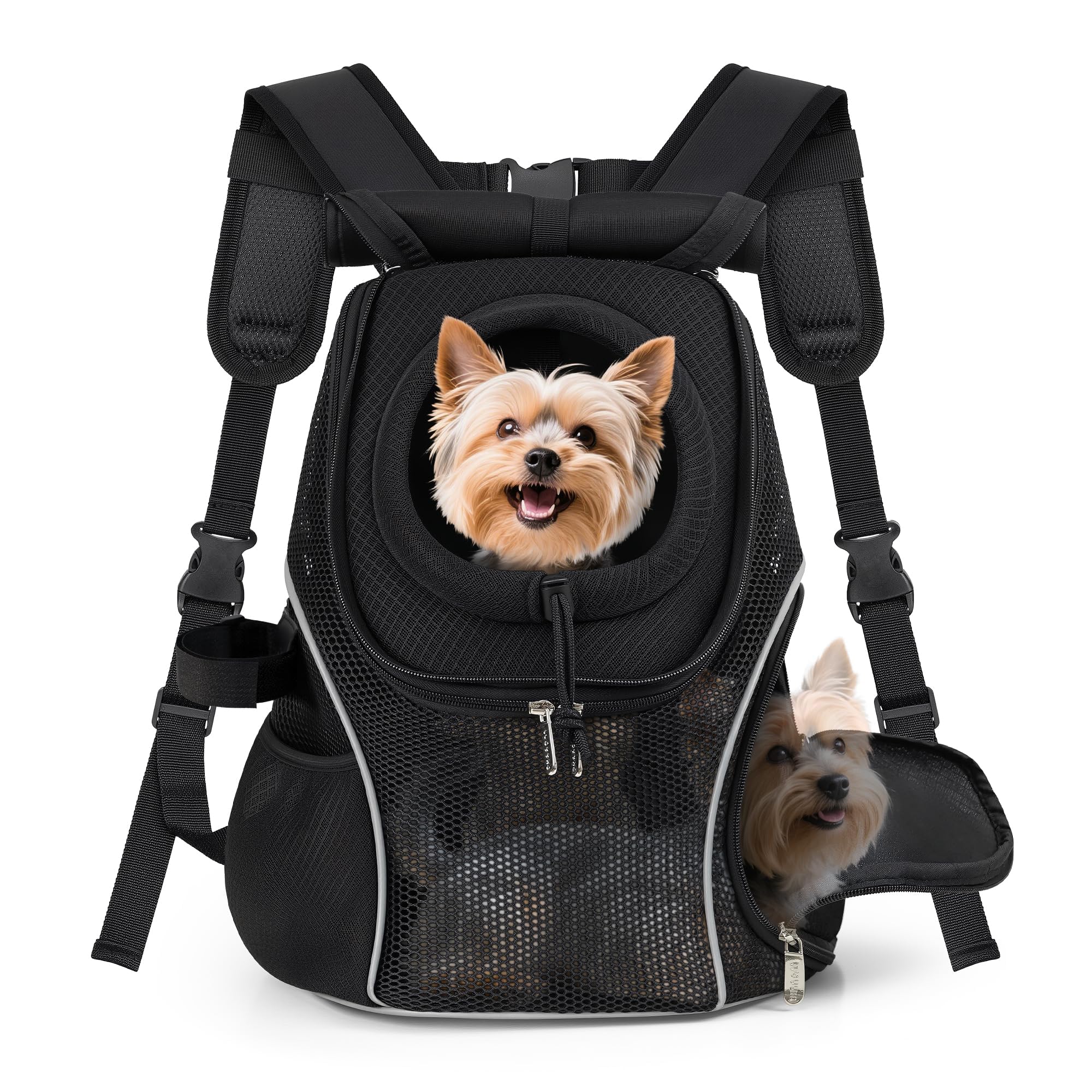 WOYYHO Pet Dog Carrier Backpack with Top and Side Windows, Small Dog Front Backpack Ventilated Mesh Dog Back Pack with Safety Be