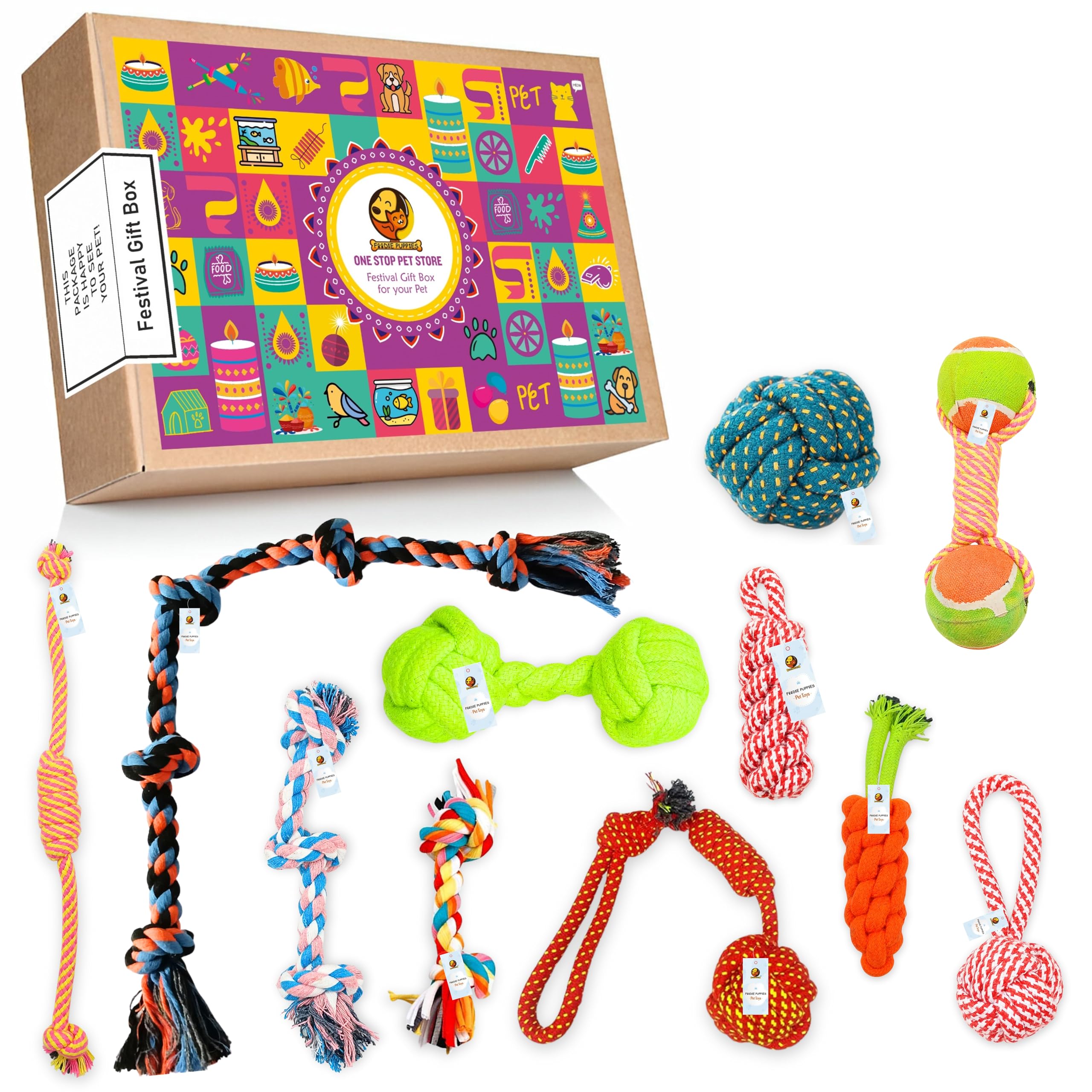 Foodie Puppies 11Pcs Cotton Rope Toys Combo Festival Gift Box  (2Knt + 3Knt + 5Knt + Twisted + Carrot + Handle Ball + Ball + Du