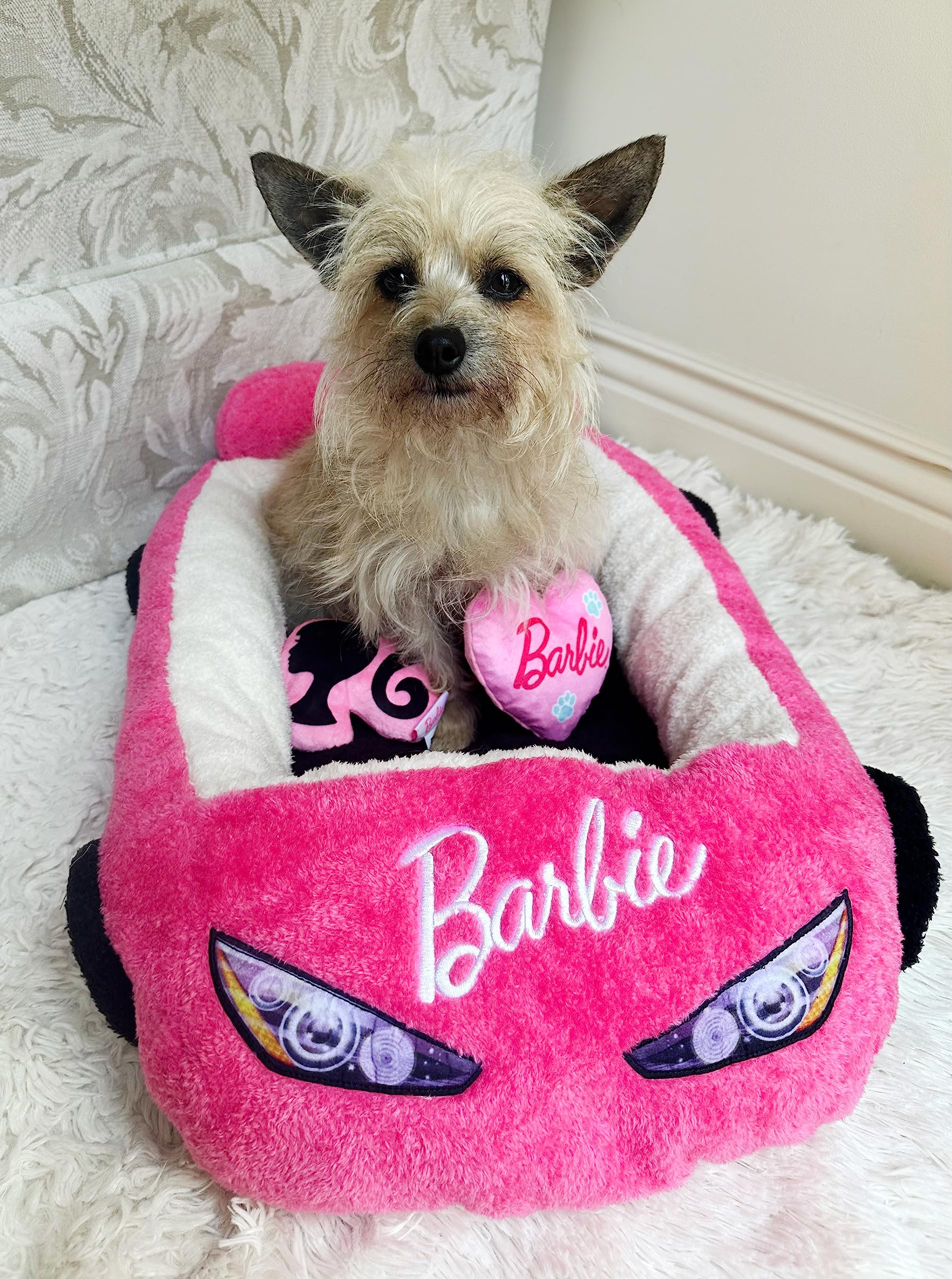 Megatoys Barbie Plush Car Pet Bed- Themed Plush Pink Pet Bed For Dogs And Cats - Soft And Cozy Pet Bed With Barbie Pillow And Ca