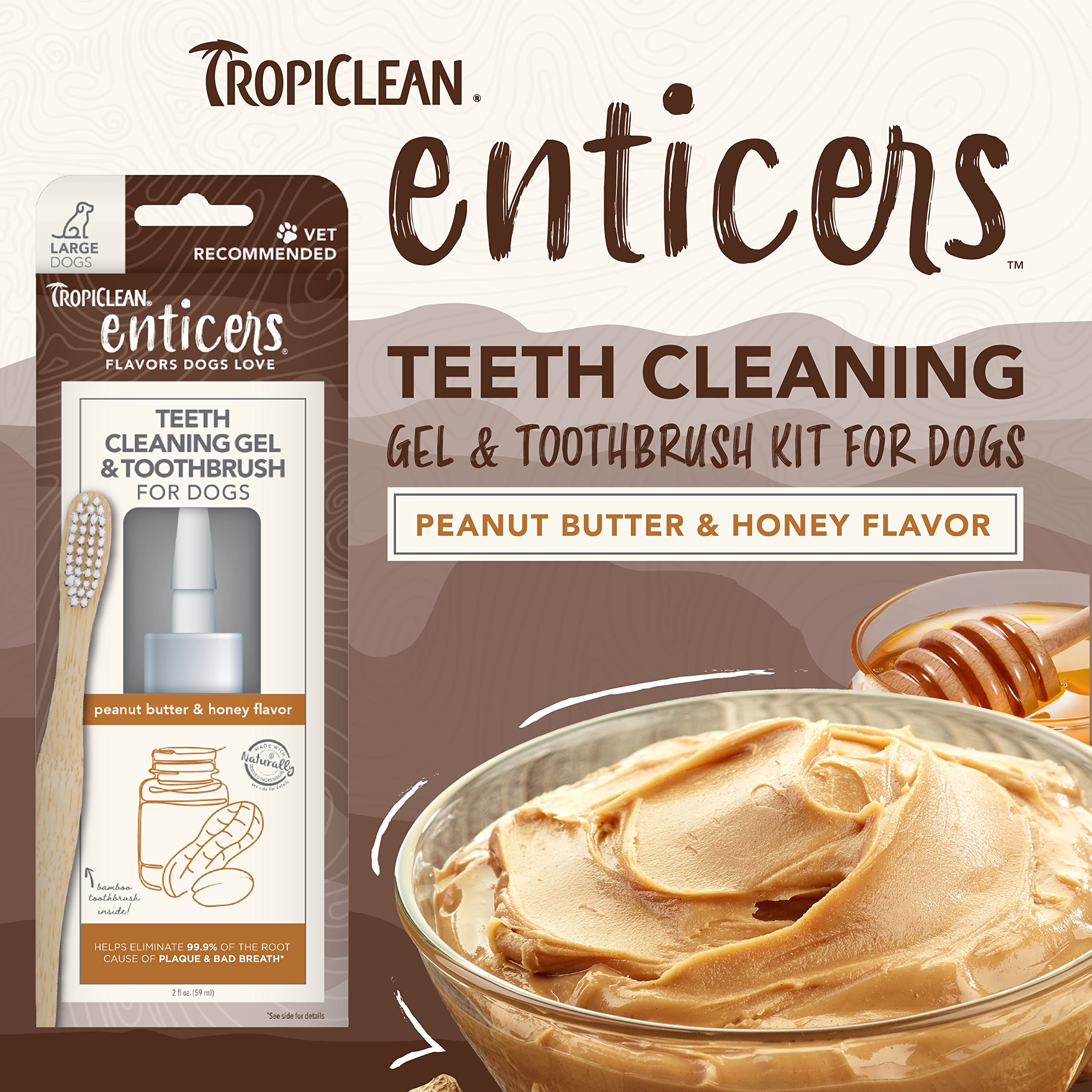 TropiClean Enticers Teeth Cleaning Gel & Toothbrush for Large Dogs | Peanut Butter & Honey Flavor | Bamboo Brush Speeds Up Plaqu