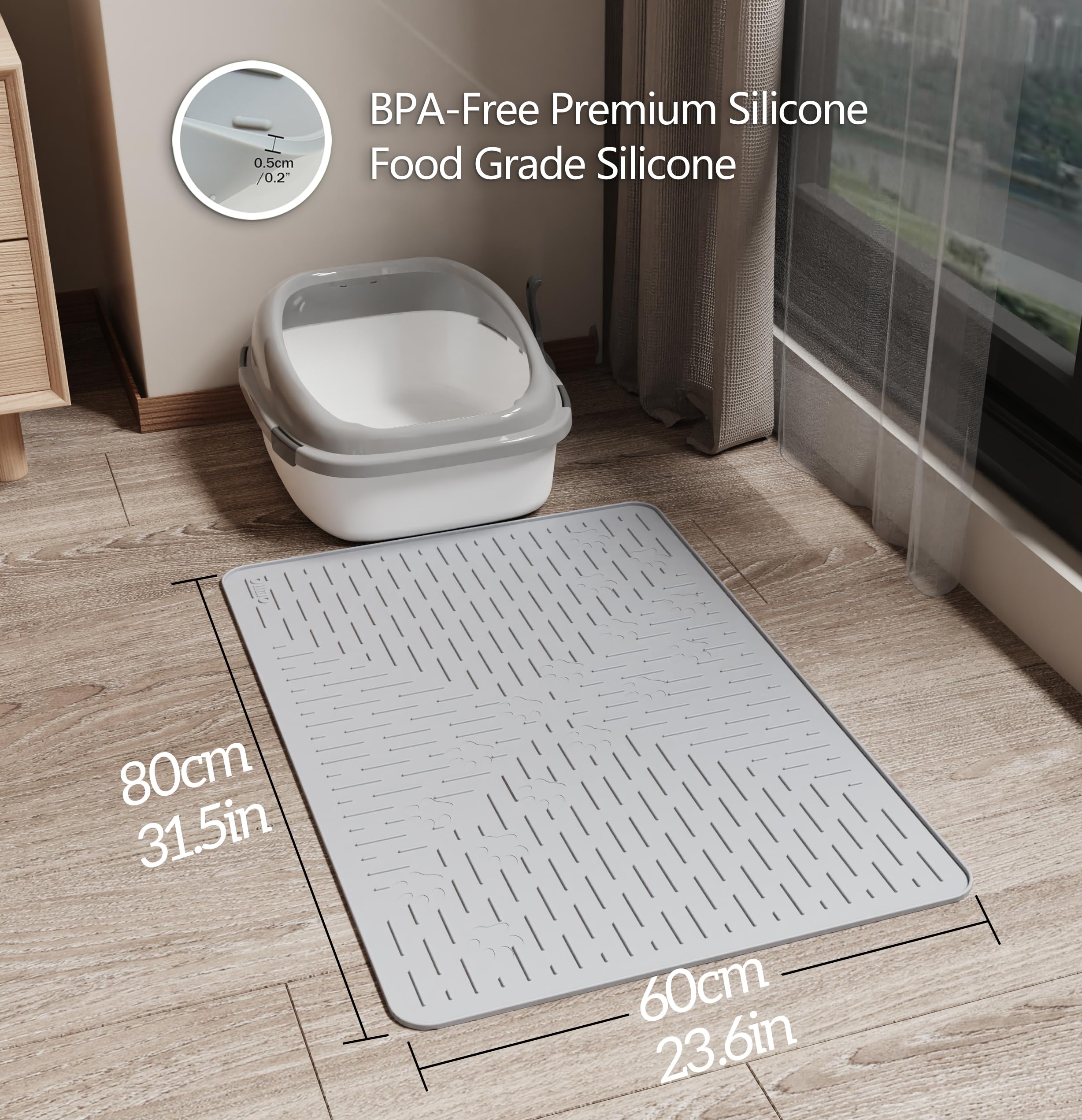 OHMO Cat Litter Mat Large Trapping Mat Premium Silicone Rubber 31.5x23.6 Beige,Waterproof and BPA Free Kitty Litter Box Mat, Eas
