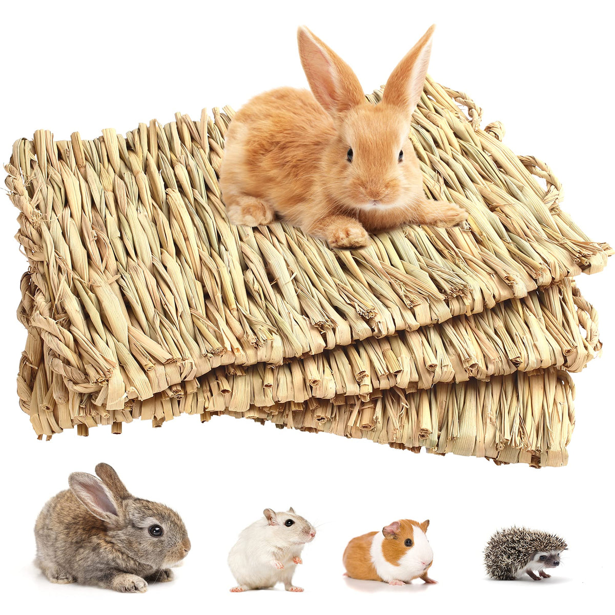 Primepets Grass Mat For Rabbits Bunny, 3 Pack, Woven Hay Mat For Small Animals, Natural Straw Bedding Resting Cage Mat For Guinea Pig Parrot Chinchilla Hamster Rat