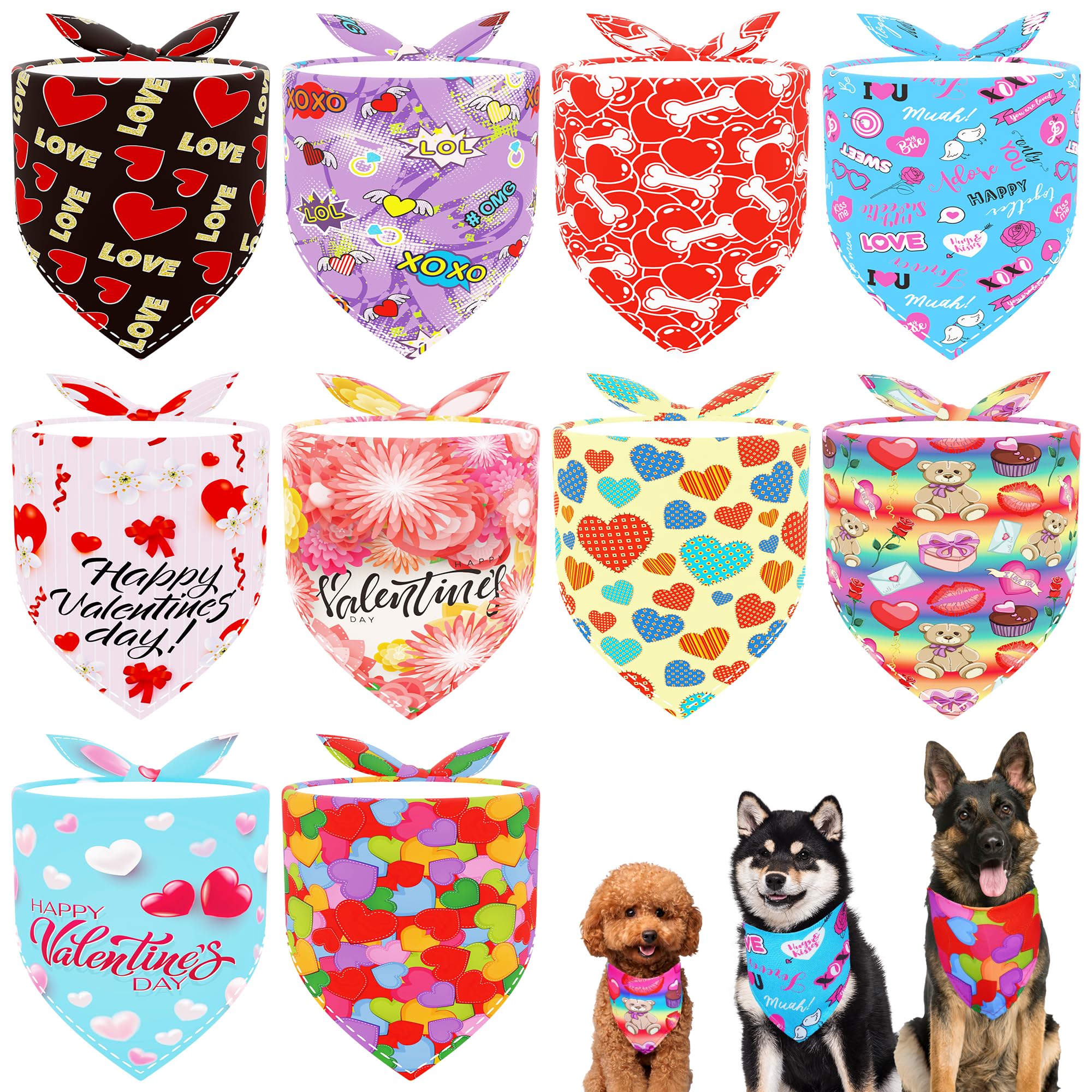 JpGdn 10PCS Valentines Day Dog Bandanas with Heart Lip Rose Love Print for Small XS Breed Dog Triangle Bibs Scarves for Boys and