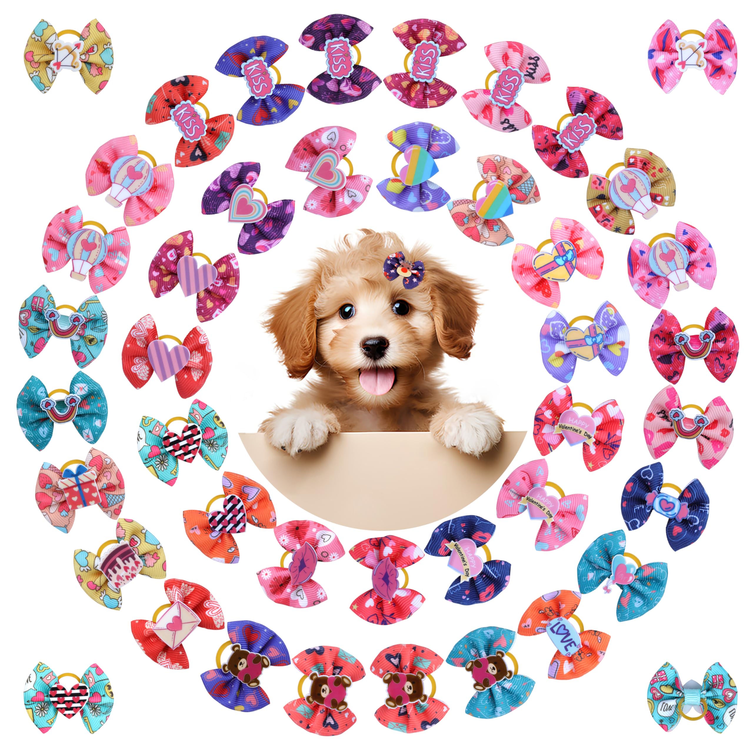 Petbuy 40Pcs Cute Puppy Dog Bowknot Hair Bows With Rubber Bands - Small Dog Hair Accessories For Party (Mixcolors)