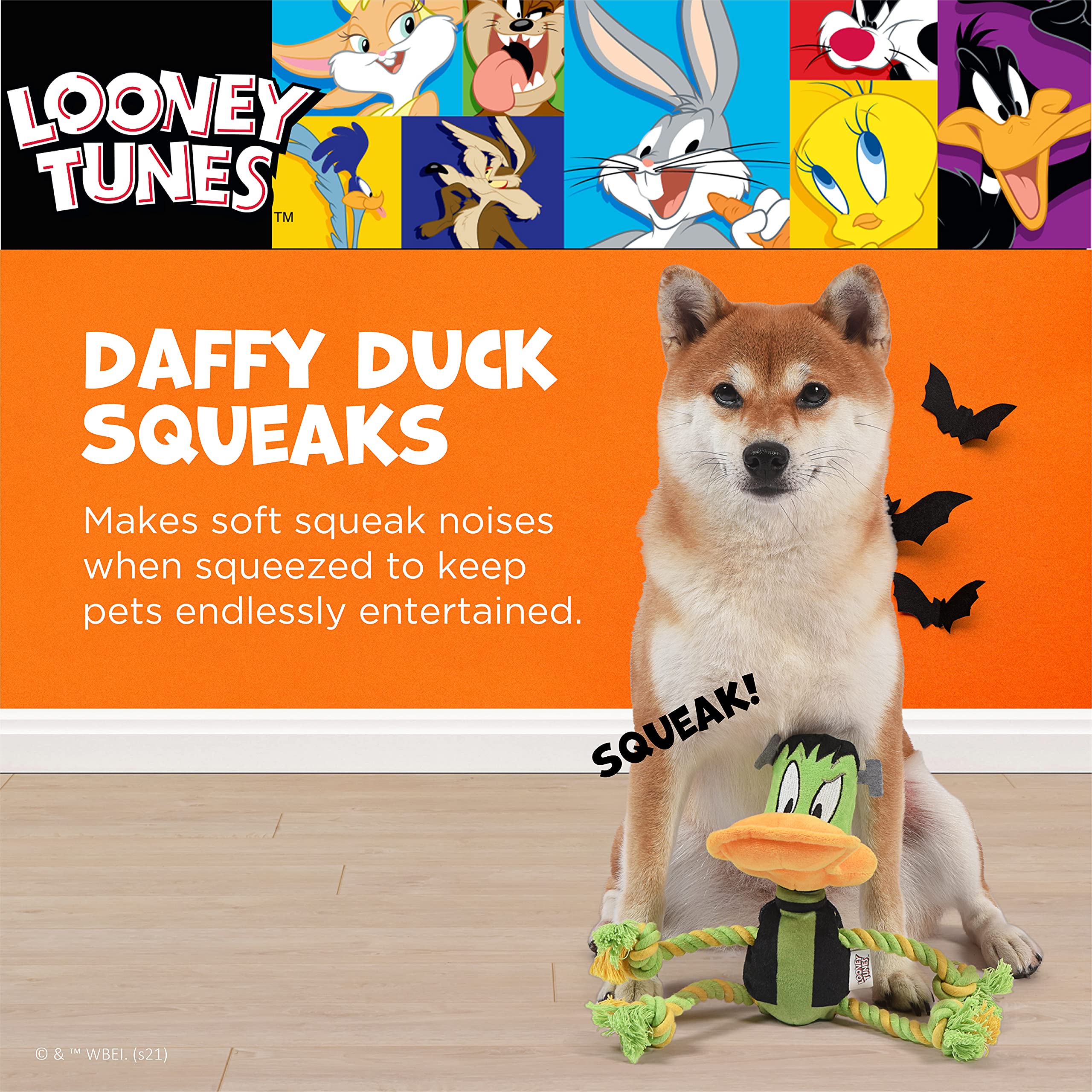 Looney Tunes For Pets Daffy Duck Plush Frankenstein Halloween Rope Pull Dog Toy | Daffy Duck Squeaky Dog Toy | Plush Fabric Dog Chew Toy Rope Toy For Dogs, 9 Inch, (Ff16975)